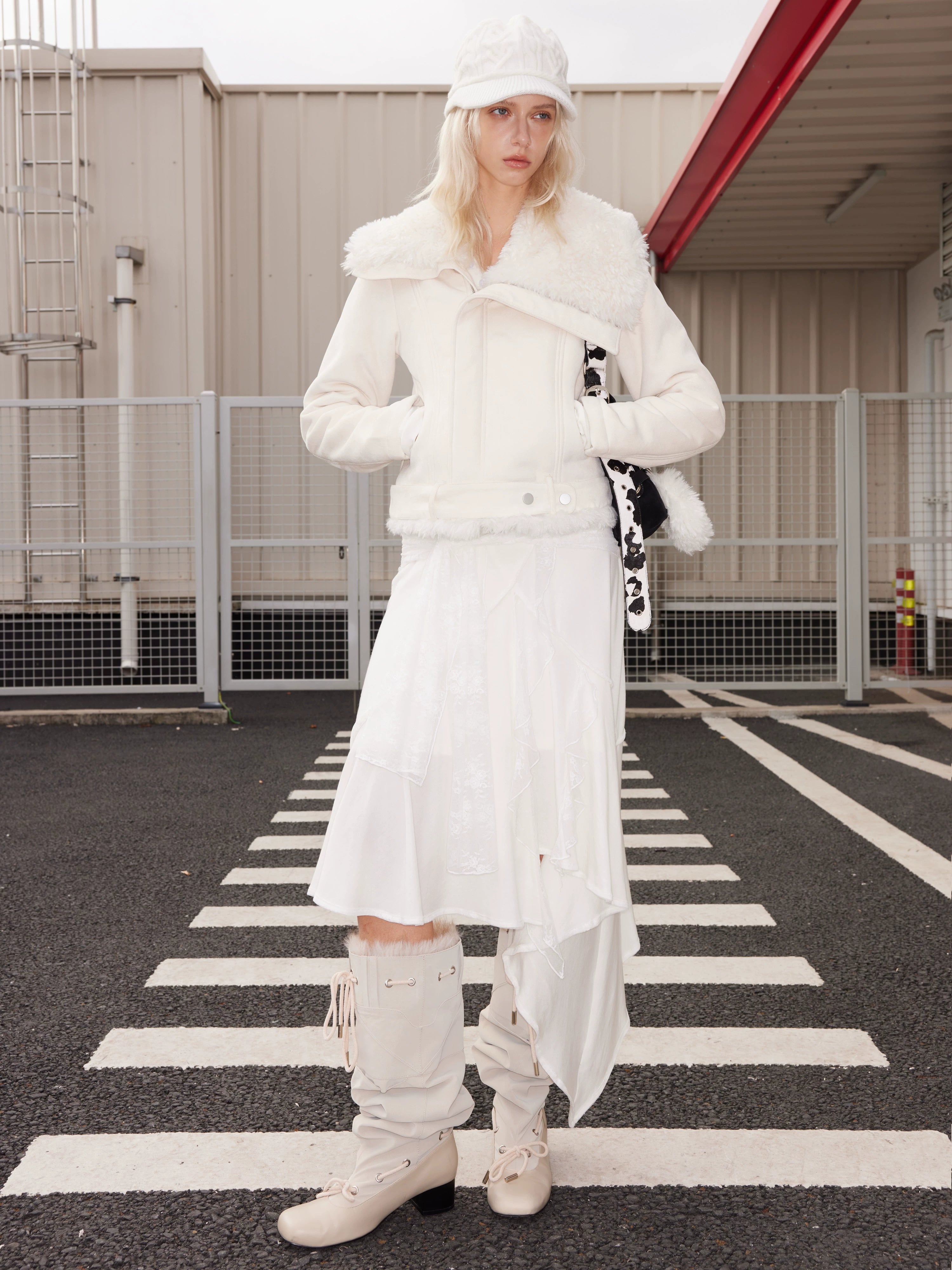 2th Desire不对称毛绒翻领皮毛一体外套加绒加厚短款修身机车夹克