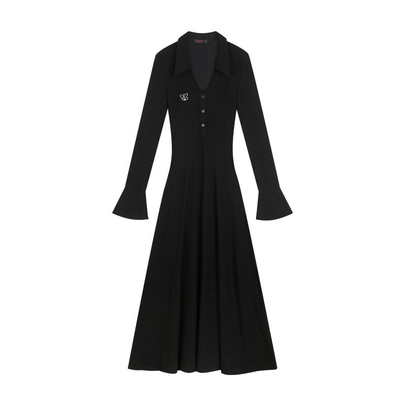 野生zero 黑灰色气质v领喇叭长袖连衣裙女春季收腰修身显瘦长裙子