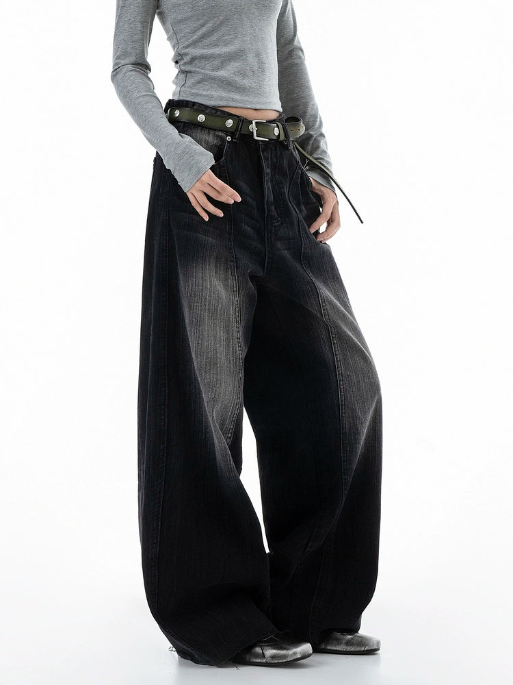 ICH MODE 美式复古水洗牛仔裤女秋冬宽松直筒裤弯刀裤休闲阔腿裤