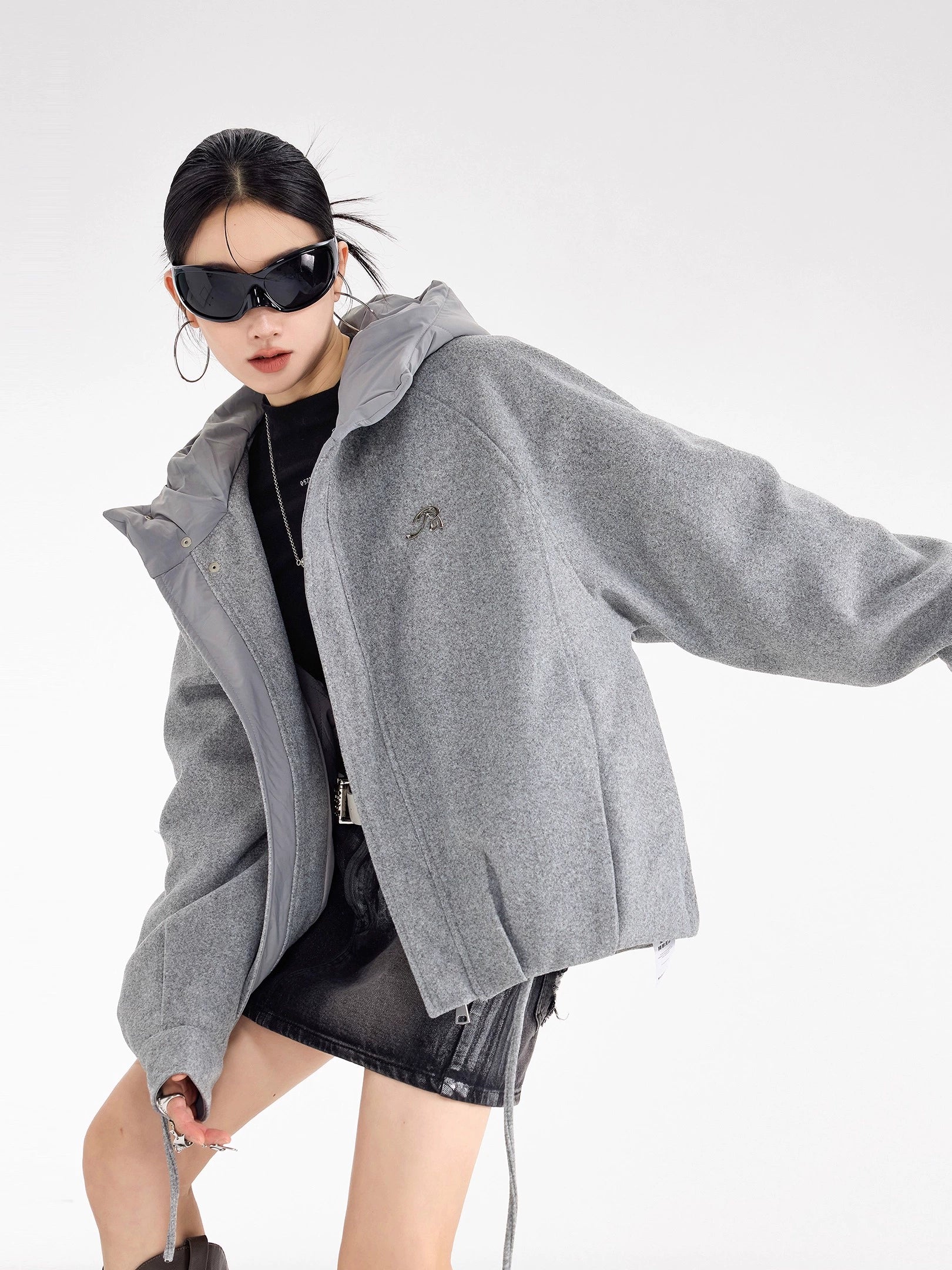 ICH MODE 美式复古拼接连帽棉服女新款冬季宽松保暖棉衣开衫外套