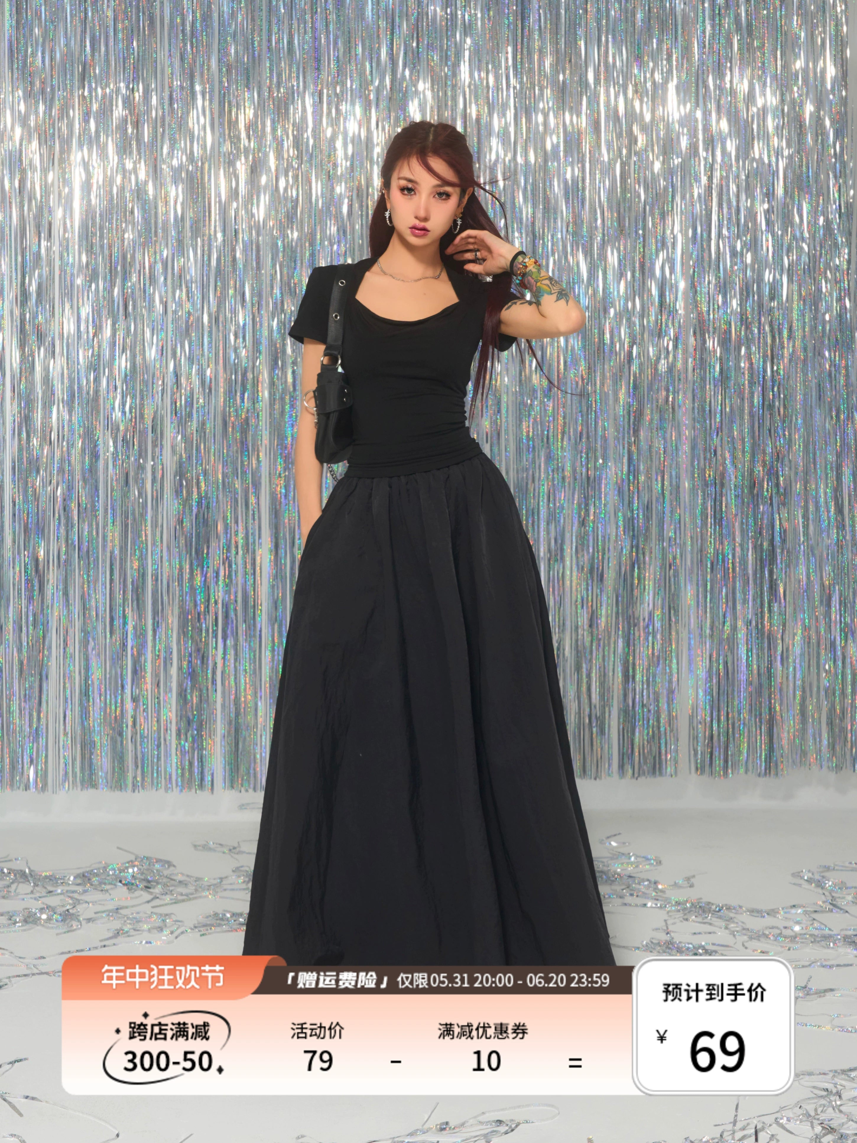 野生zerocircle 黑灰色方领正肩短袖t恤女夏辣妹修身显瘦短款上衣