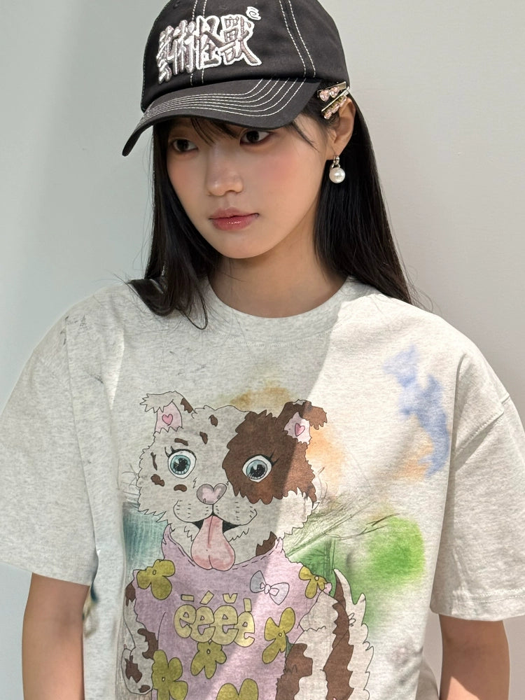 “陨石小狗”| eeee红陨石边牧涂鸦短袖宽松小众设计感手绘T恤夏