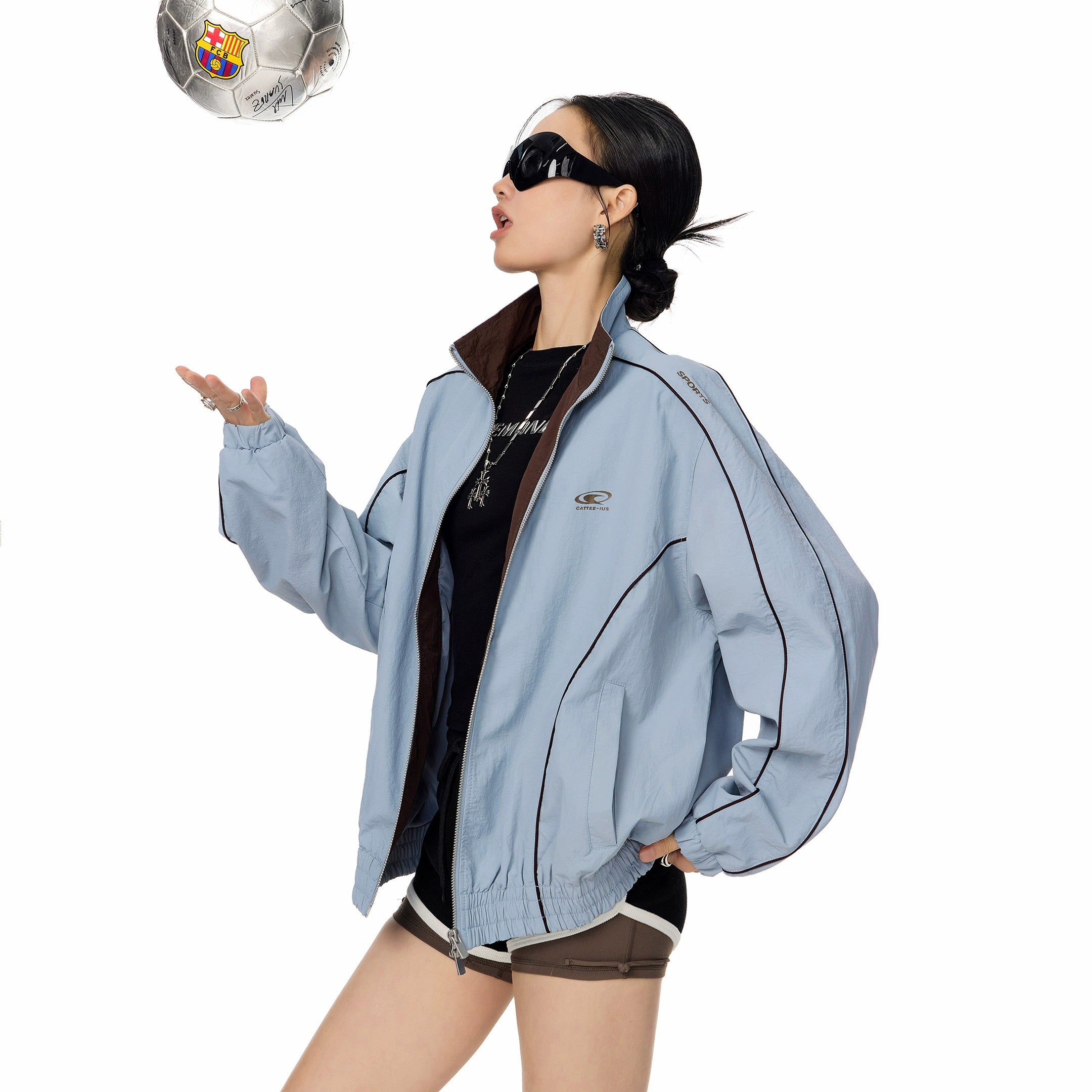 ICH MODE 美式复古撞色条纹外套女秋冬新款运动宽松休闲夹克上衣