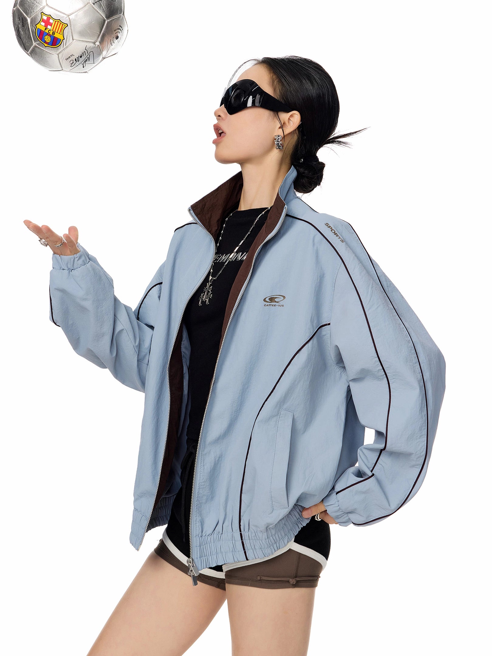 ICH MODE 美式复古撞色条纹外套女秋冬新款运动宽松休闲夹克上衣