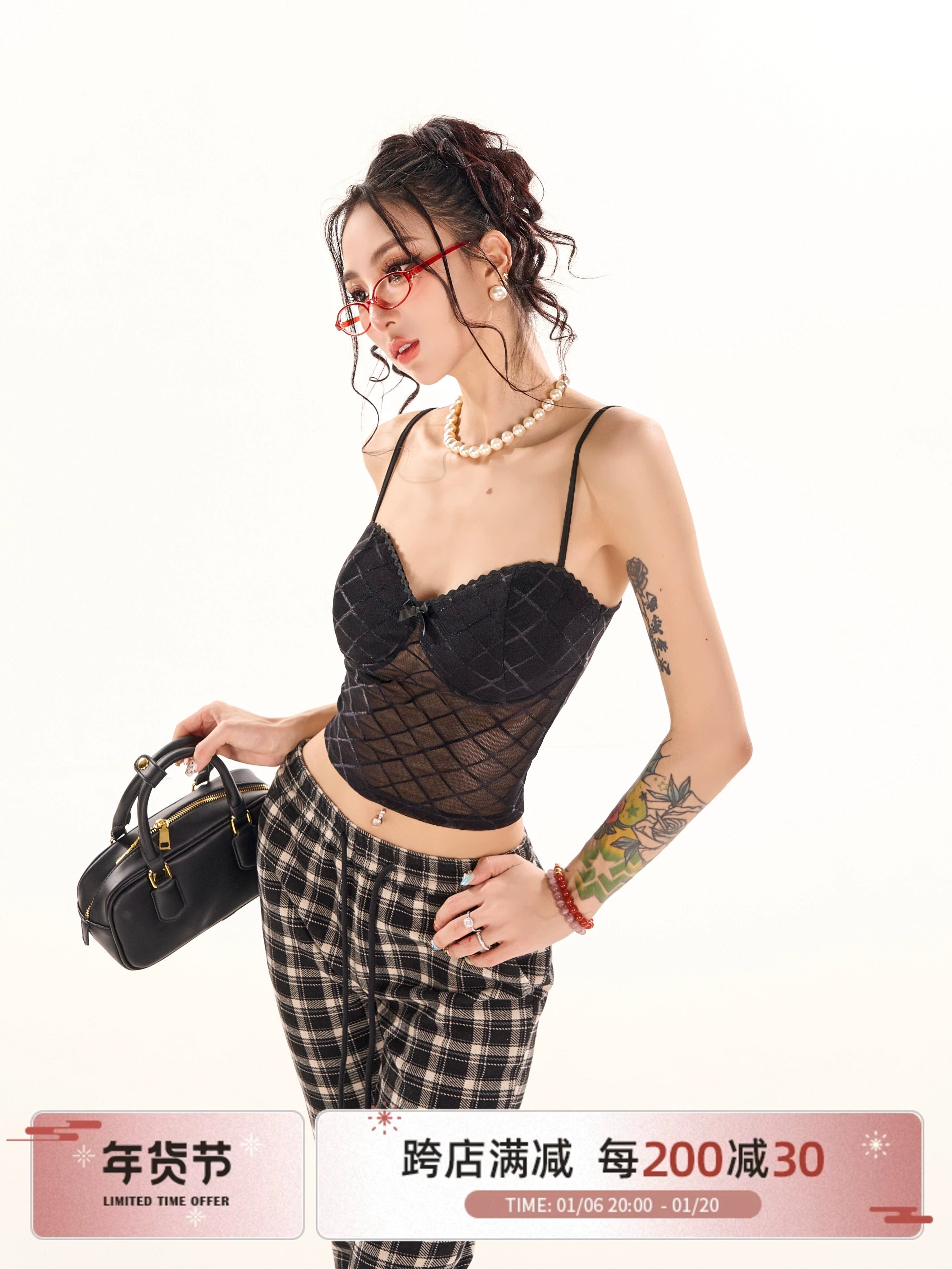 野生zerocircle黑红色格子吊带胸垫背心内搭女春夏季辣妹网纱上衣