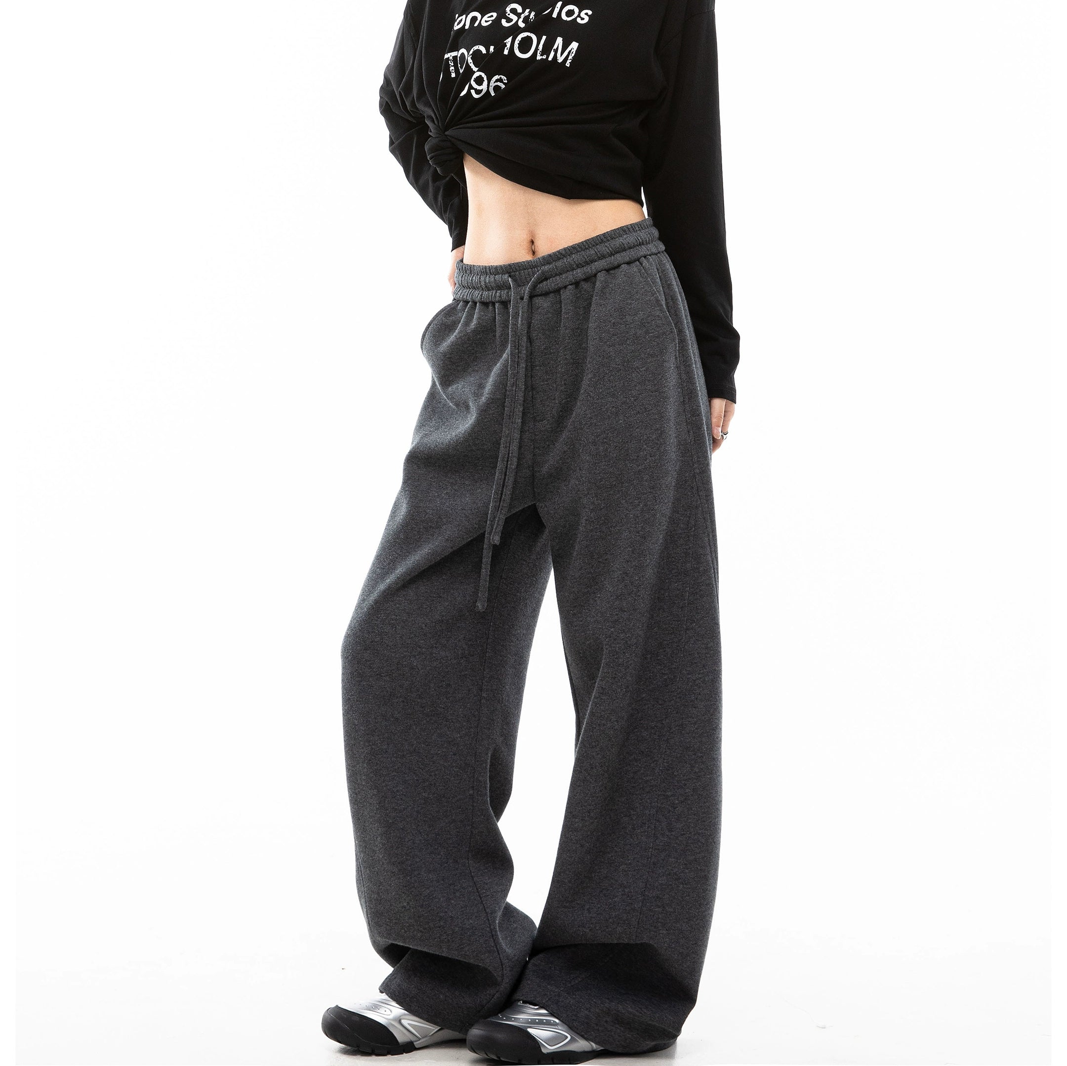 ICH MODE 美式加绒休闲裤女秋冬新款运动卫裤宽松直筒百搭阔腿裤