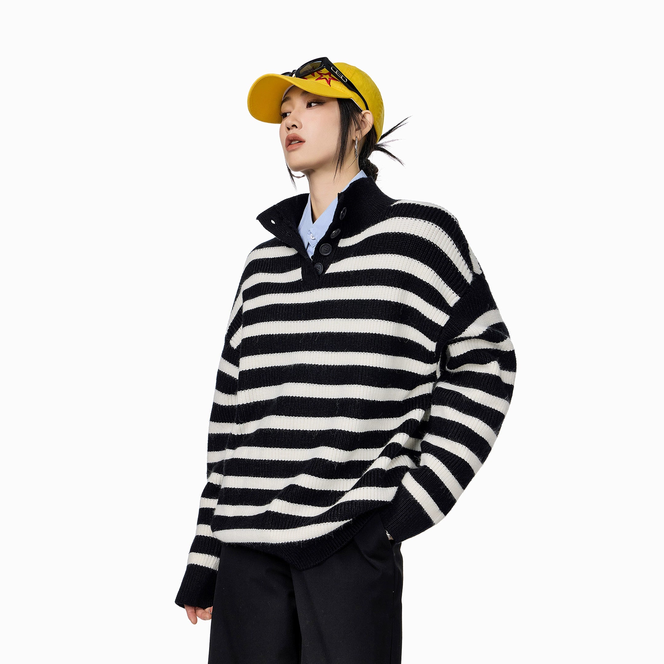 ICH MODE 美式复古POLO领条纹针织衫女秋冬宽松高领毛衣打底上衣