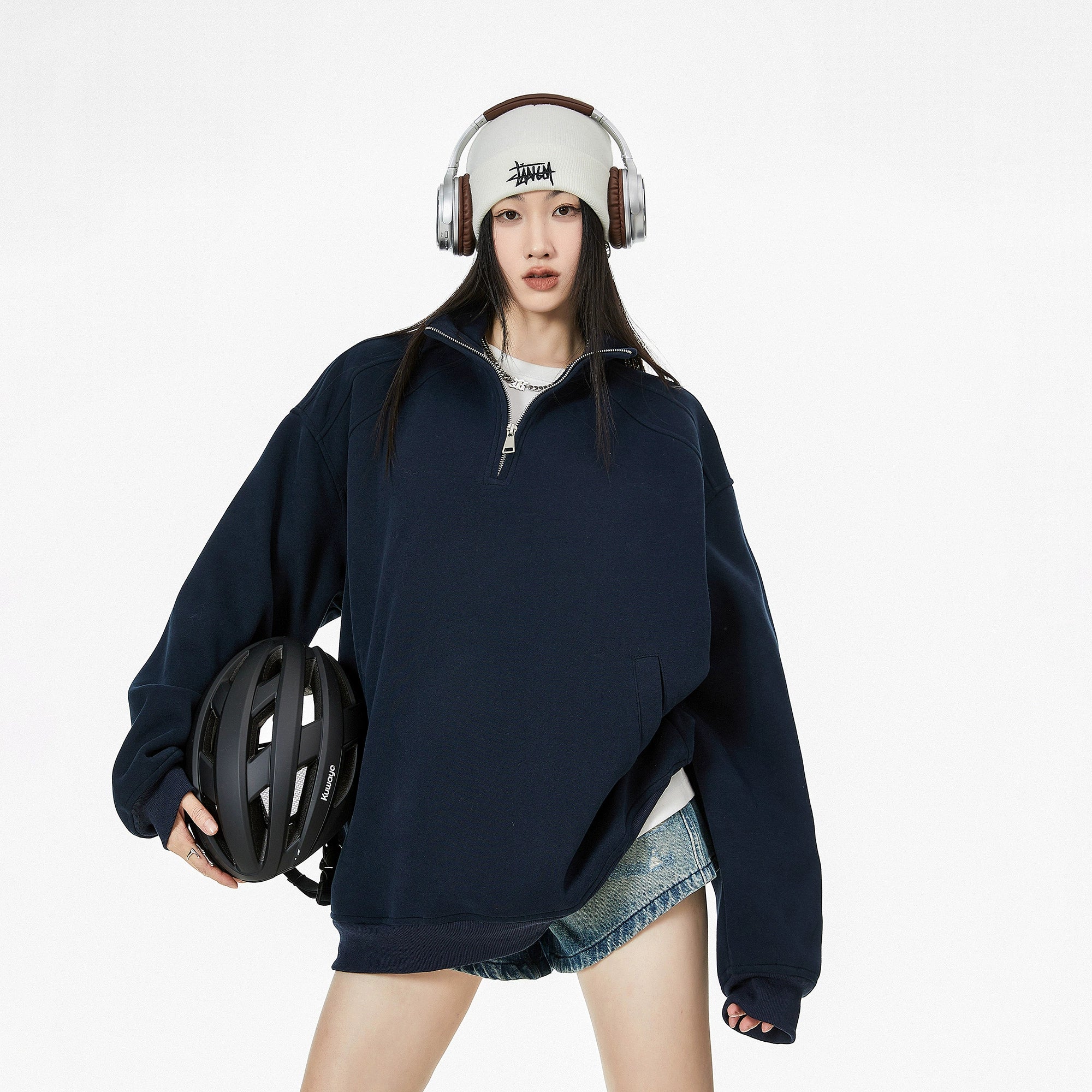 ICH MODE 美式半拉链立领卫衣女2025新款秋冬宽松慵懒风外套上衣