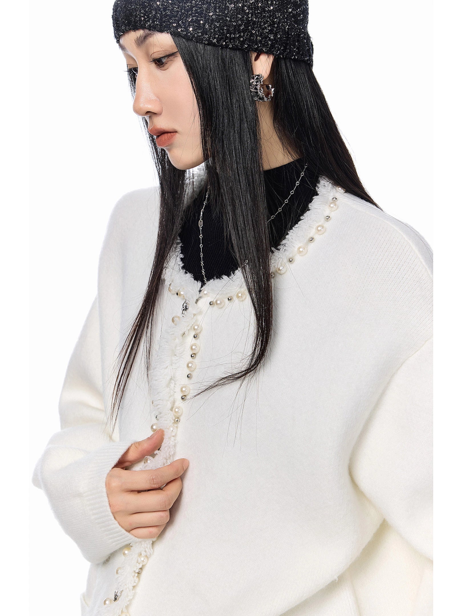 ICH MODE 美式复古珍珠流苏针织开衫女秋冬季小香风慵懒毛衣外套