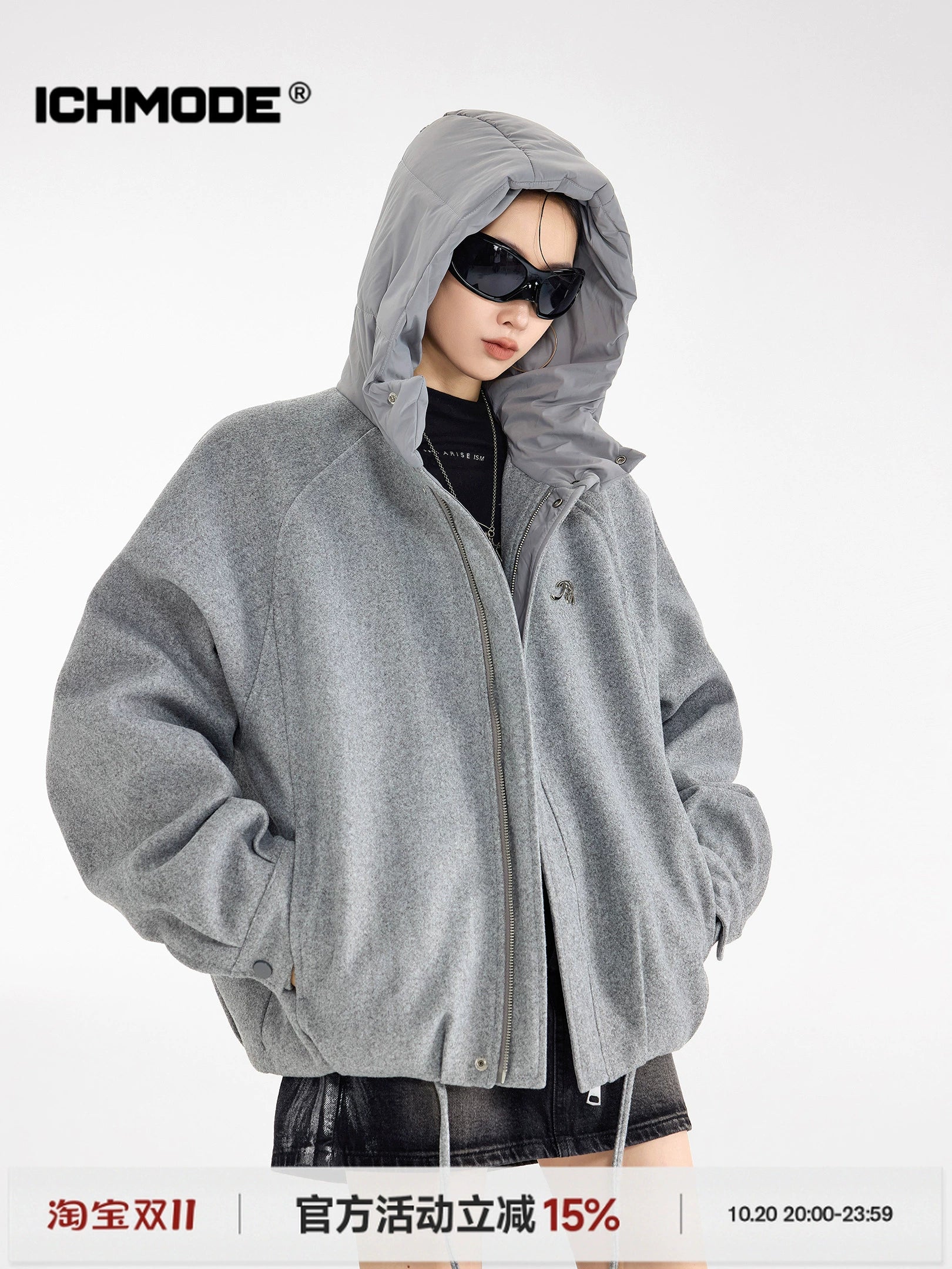 ICH MODE 美式复古拼接连帽棉服女新款冬季宽松保暖棉衣开衫外套