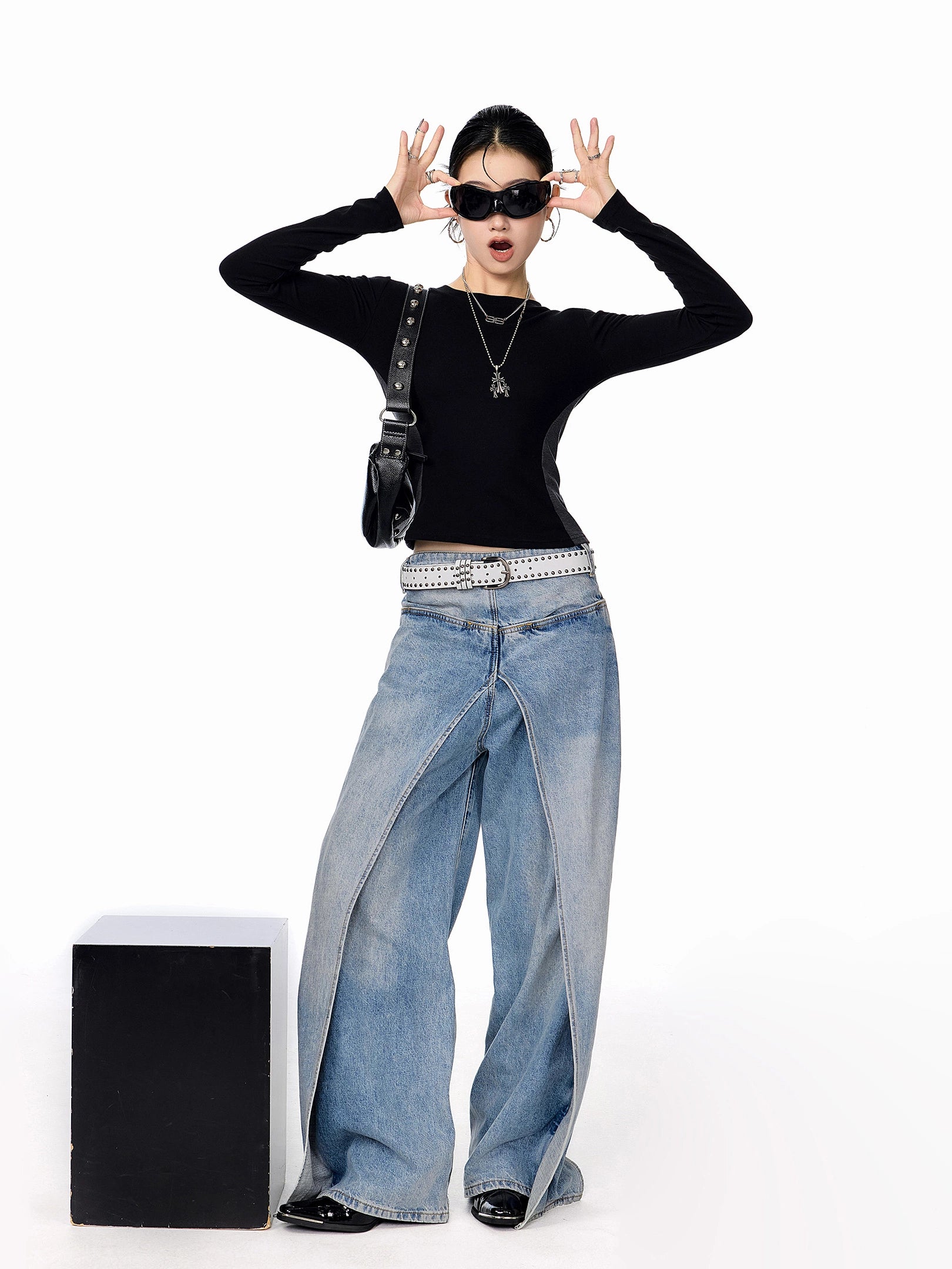 ICH MODE 美式复古撞色长袖T恤女秋冬修身内搭打底衫圆领正肩上衣