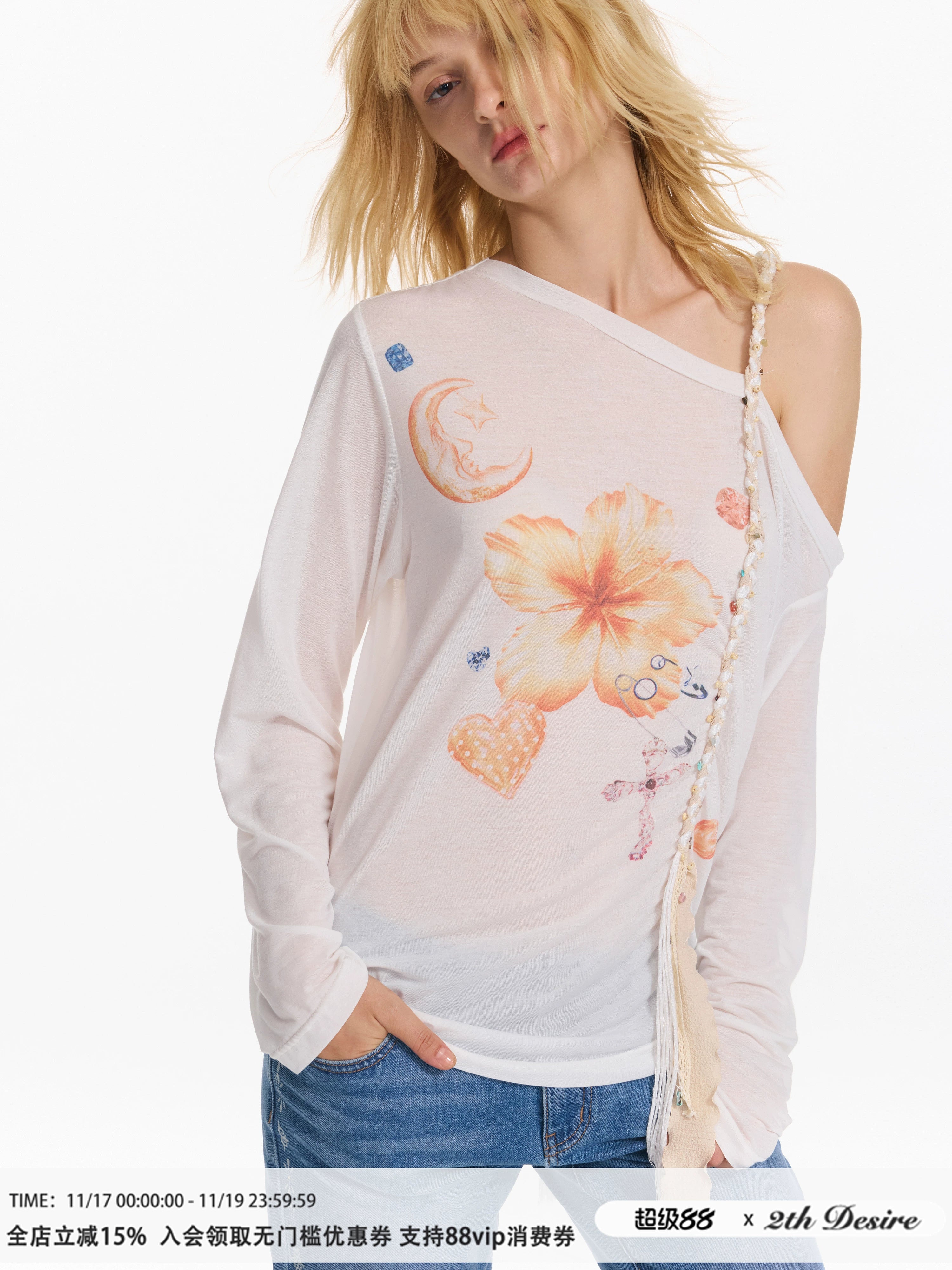 2th Desire 扶桑花多元素印花编织肩带斜肩亲肤宽松防晒长袖T恤女