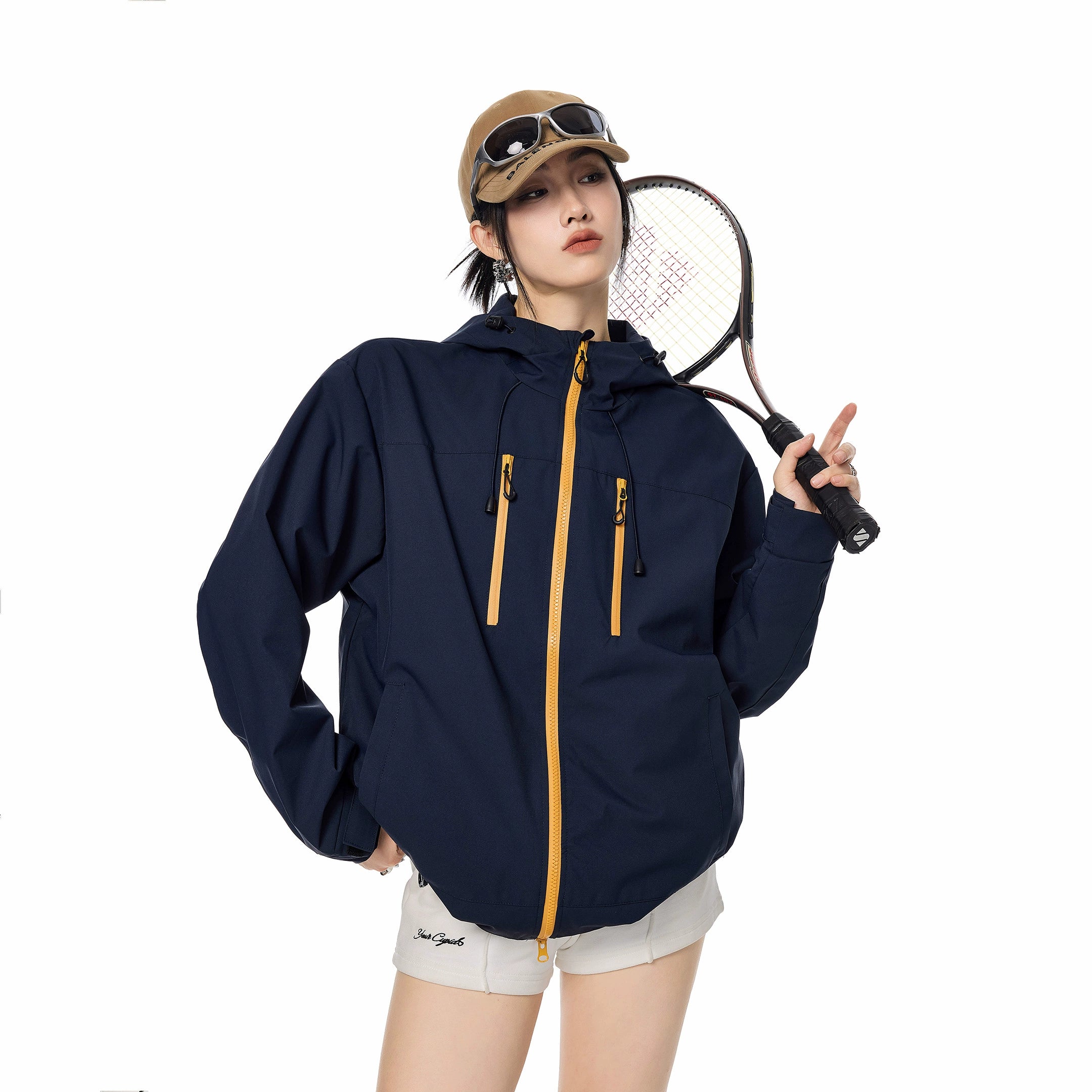 ICH MODE 美式复古撞色工装连帽外套女秋冬户外运动夹克长袖上衣