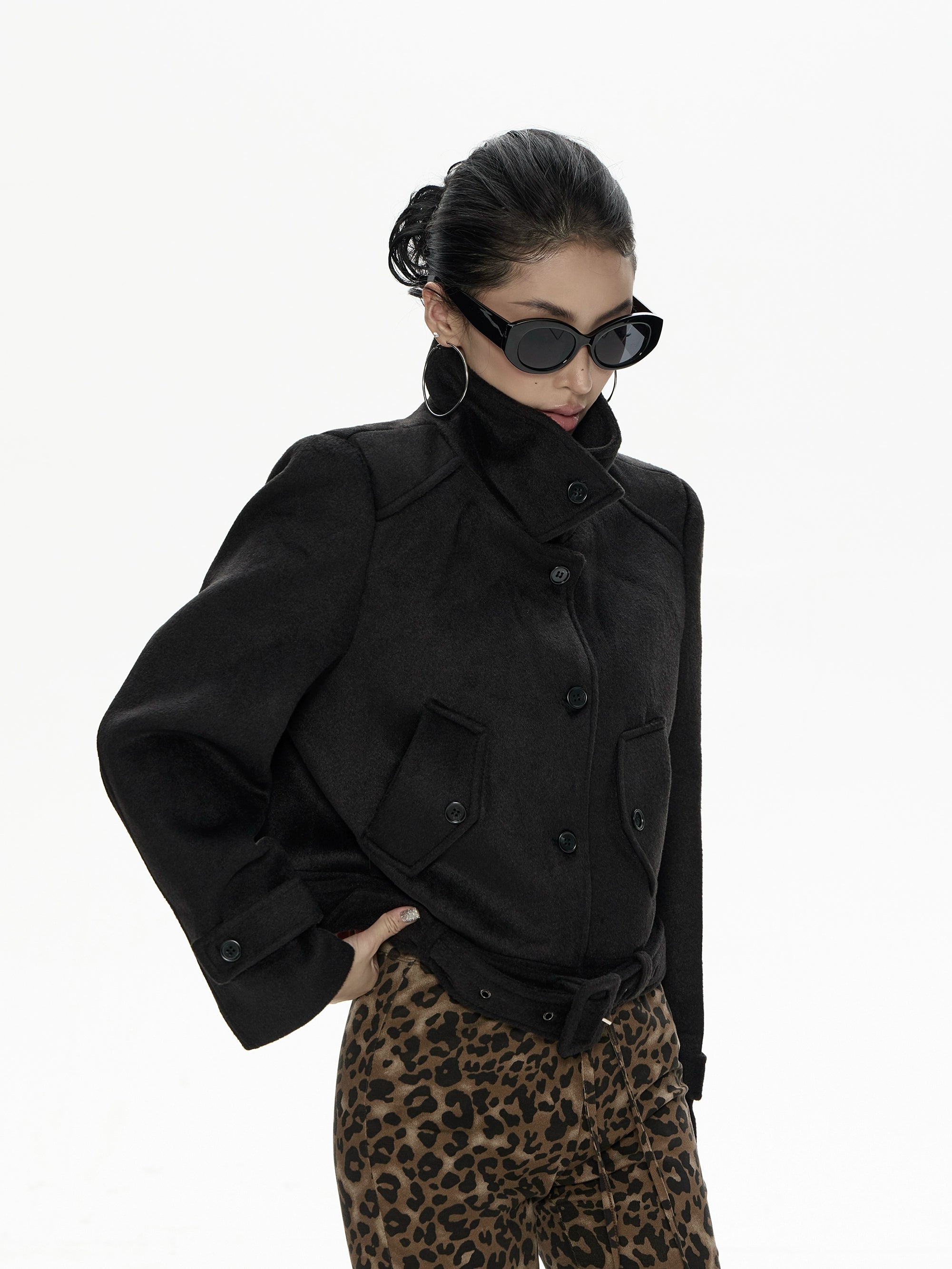 野生zero立领宽松毛呢外套女秋冬新款设计感小众加厚显瘦长袖上衣