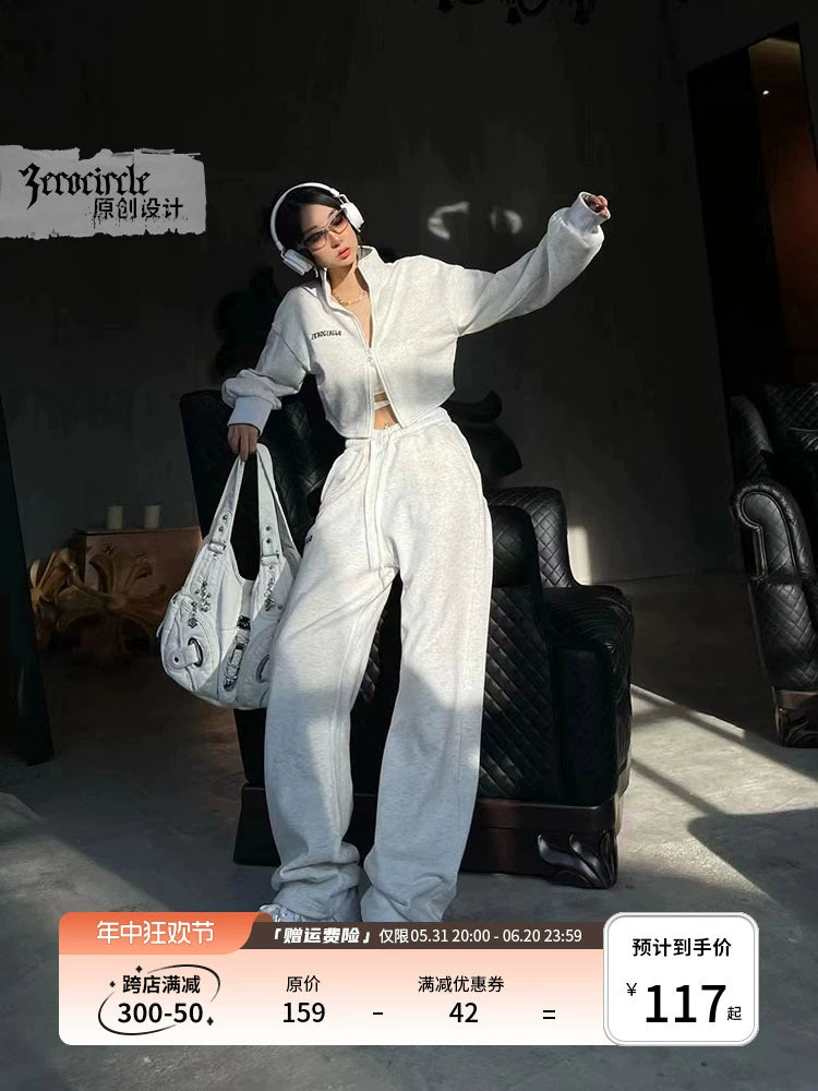 野生zerocircle灰色卫衣套装女春秋短款外套显瘦运动宽松休闲裤子