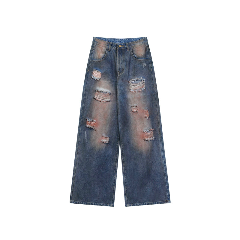 野生zero复古水洗破洞牛仔裤女夏设计感高街显瘦阔腿宽松直筒裤子