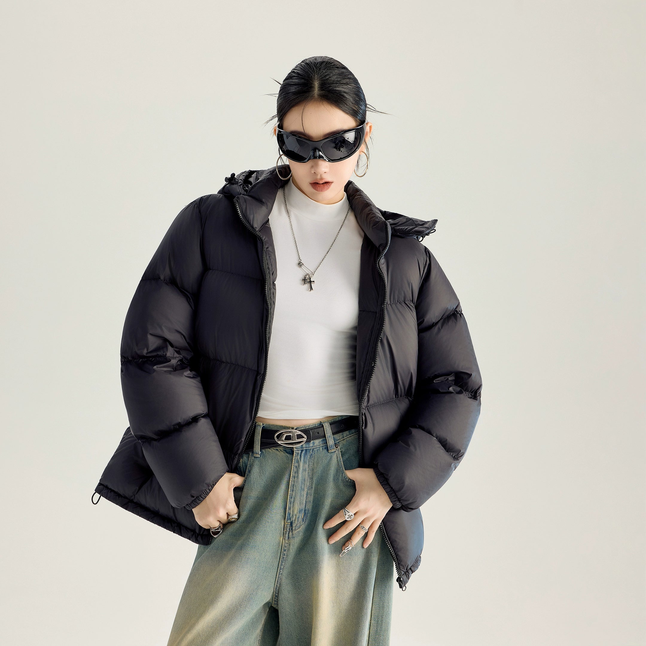 ICH MODE 美式复古泡芙连帽羽绒服女冬季90白鸭绒防寒保暖面包服