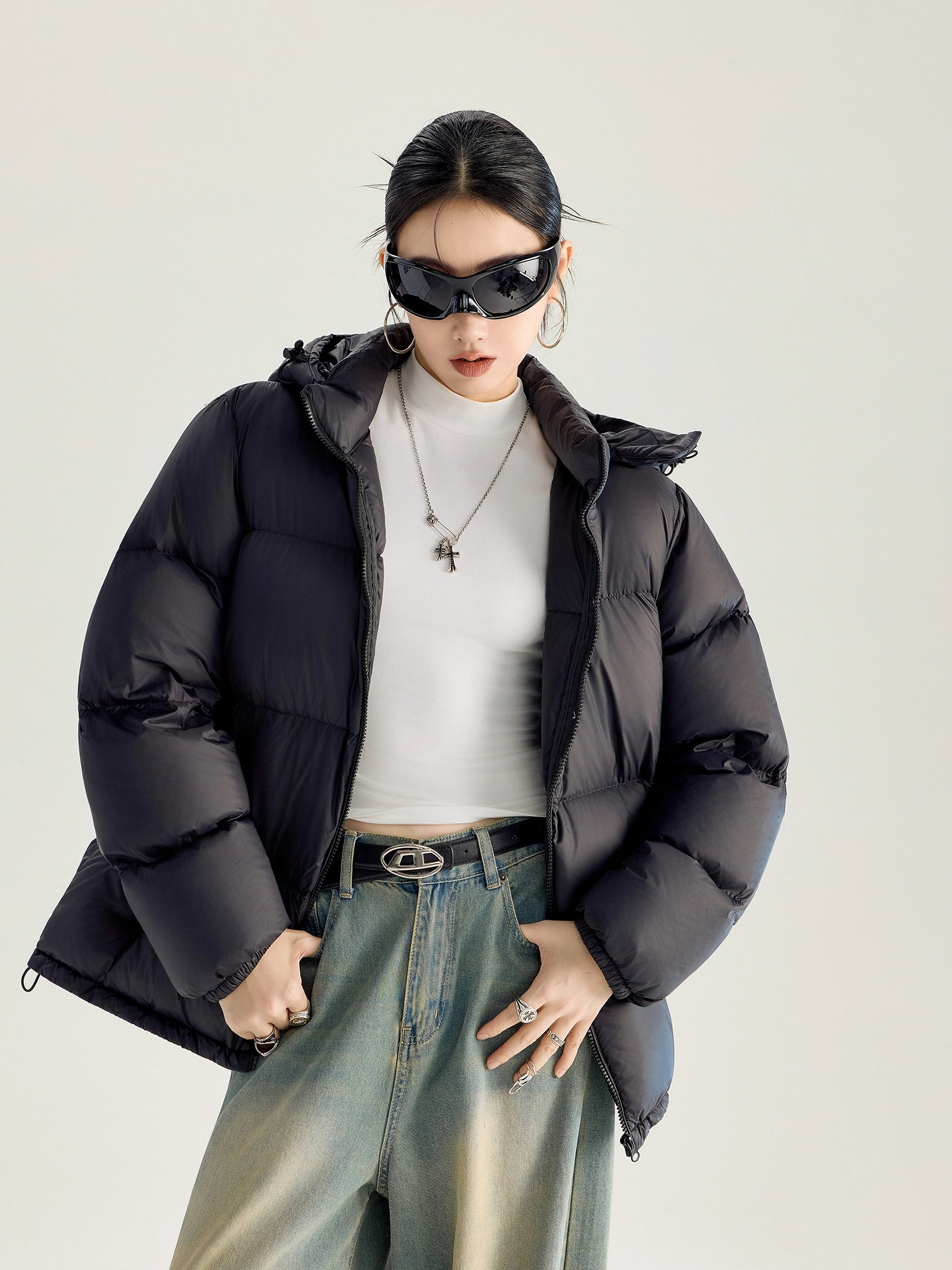 ICH MODE 美式复古泡芙连帽羽绒服女冬季90白鸭绒防寒保暖面包服