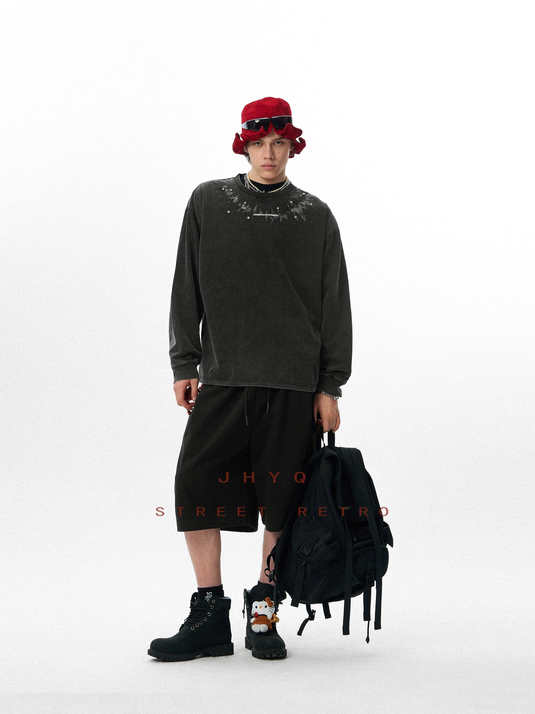 脉冲波丨JHYQ美式复古印花水洗重磅320g长袖T恤男宽松镶钻卫衣衫