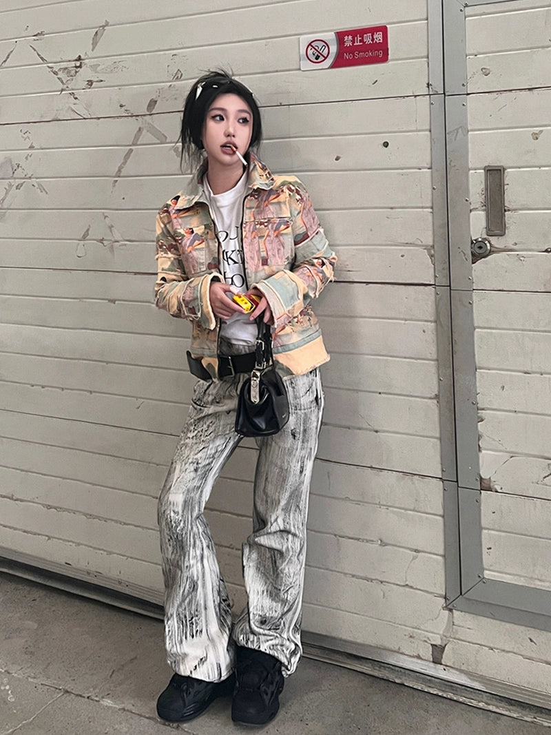 侯雯元明星同款做旧刷漆肌理宽松直筒牛仔百搭长裤TERRAINCOGNITA