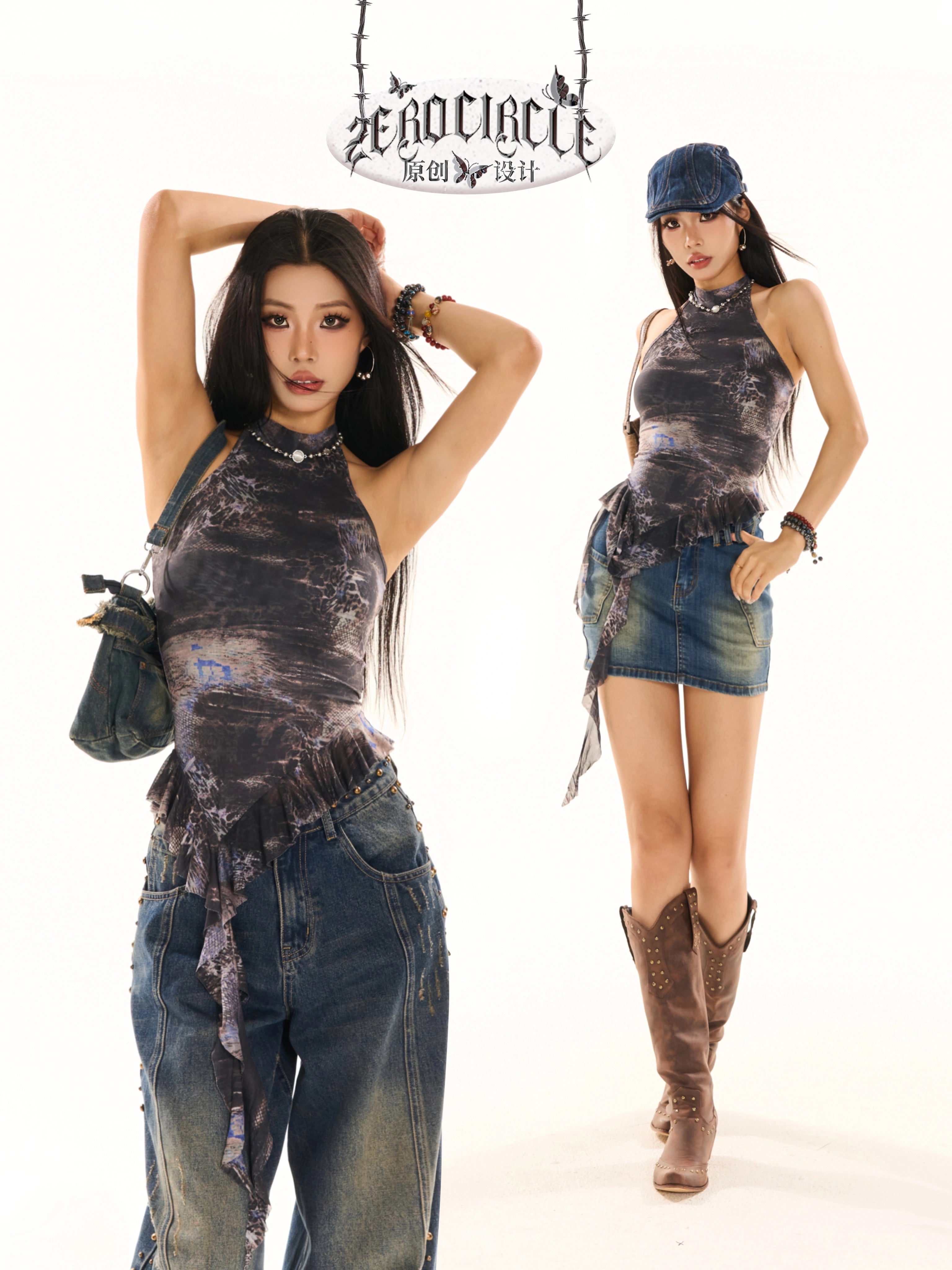 野生zero黑色半高领荷叶边背心女夏季辣妹设计感无袖印花网纱上衣