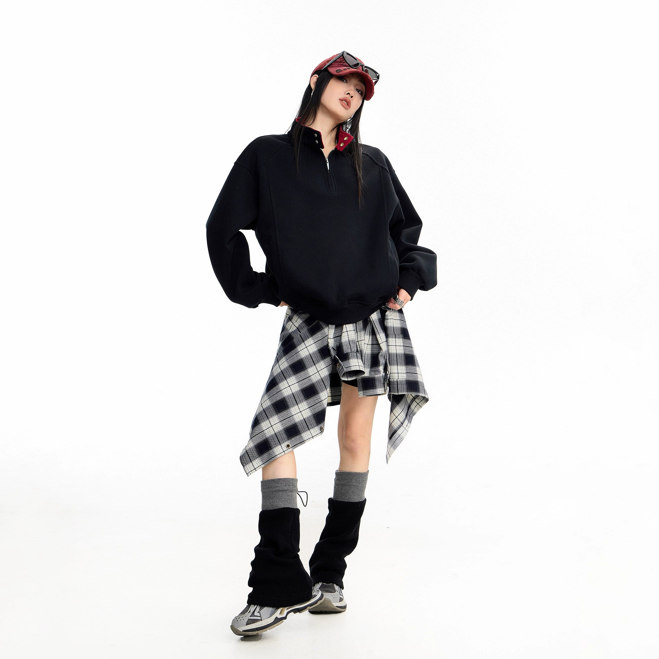 ICH MODE 美式复古撞色立领卫衣女2025新款秋冬季半拉链上衣外套