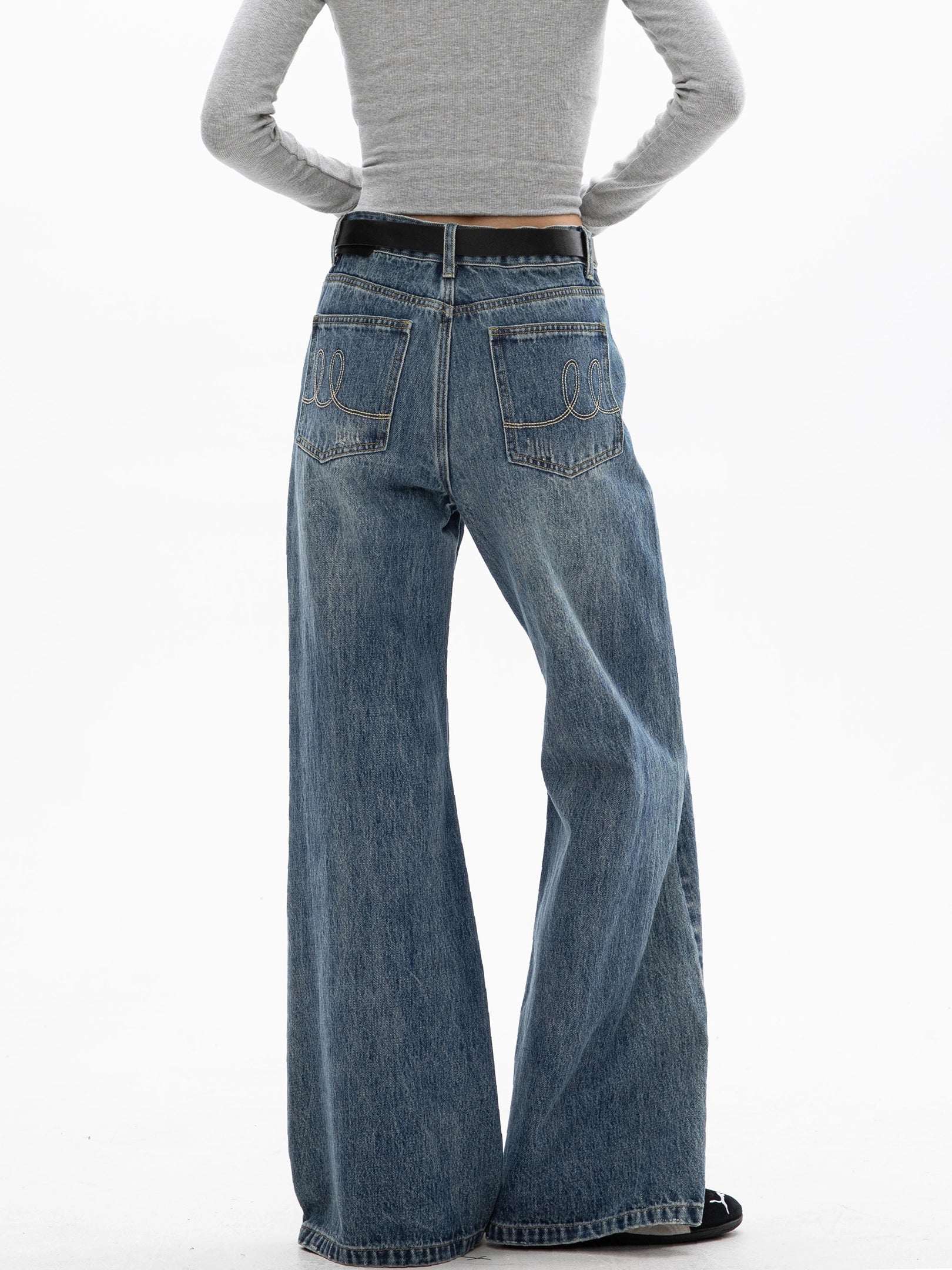 ICH MODE 美式复古水洗牛仔裤女微喇裤宽松直筒裤百搭休闲阔腿裤