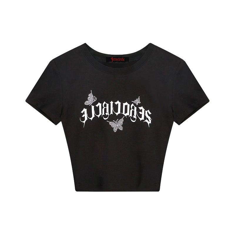 野生zerocircle 黑粉色烫钻正肩短袖t恤女夏辣妹修身显瘦短款上衣