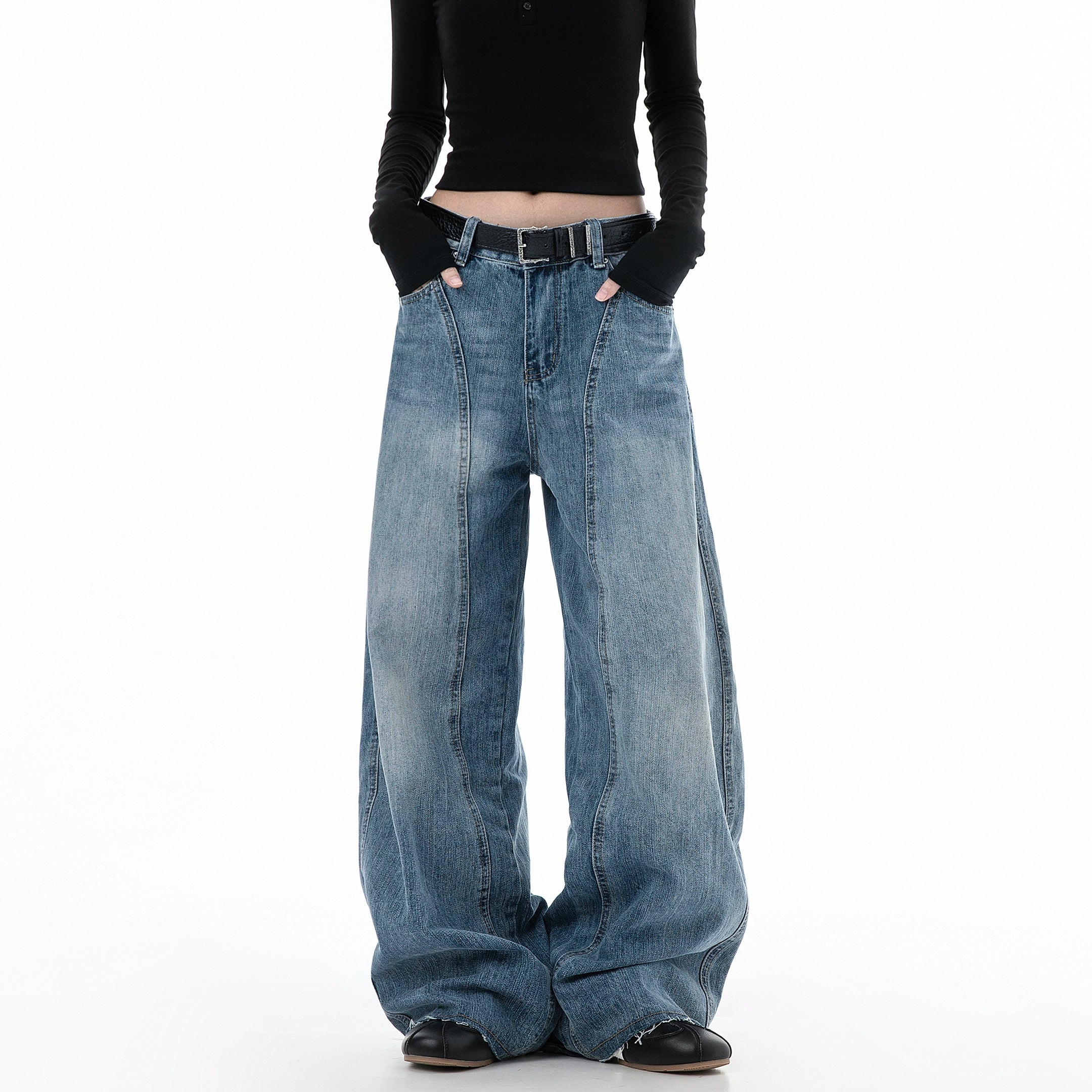 ICH MODE 美式复古水洗牛仔裤女秋冬宽松直筒裤弯刀裤休闲阔腿裤