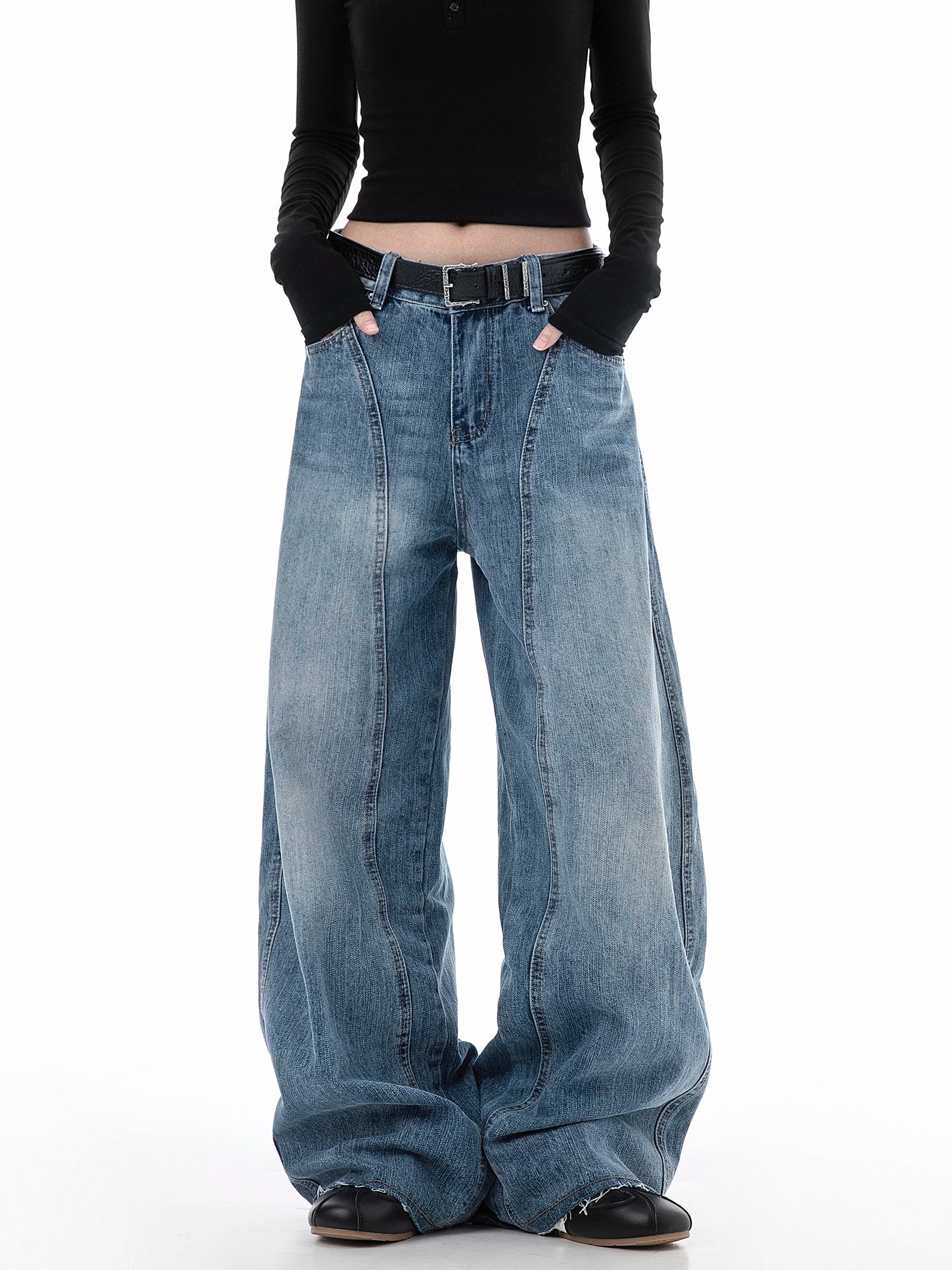 ICH MODE 美式复古水洗牛仔裤女秋冬宽松直筒裤弯刀裤休闲阔腿裤