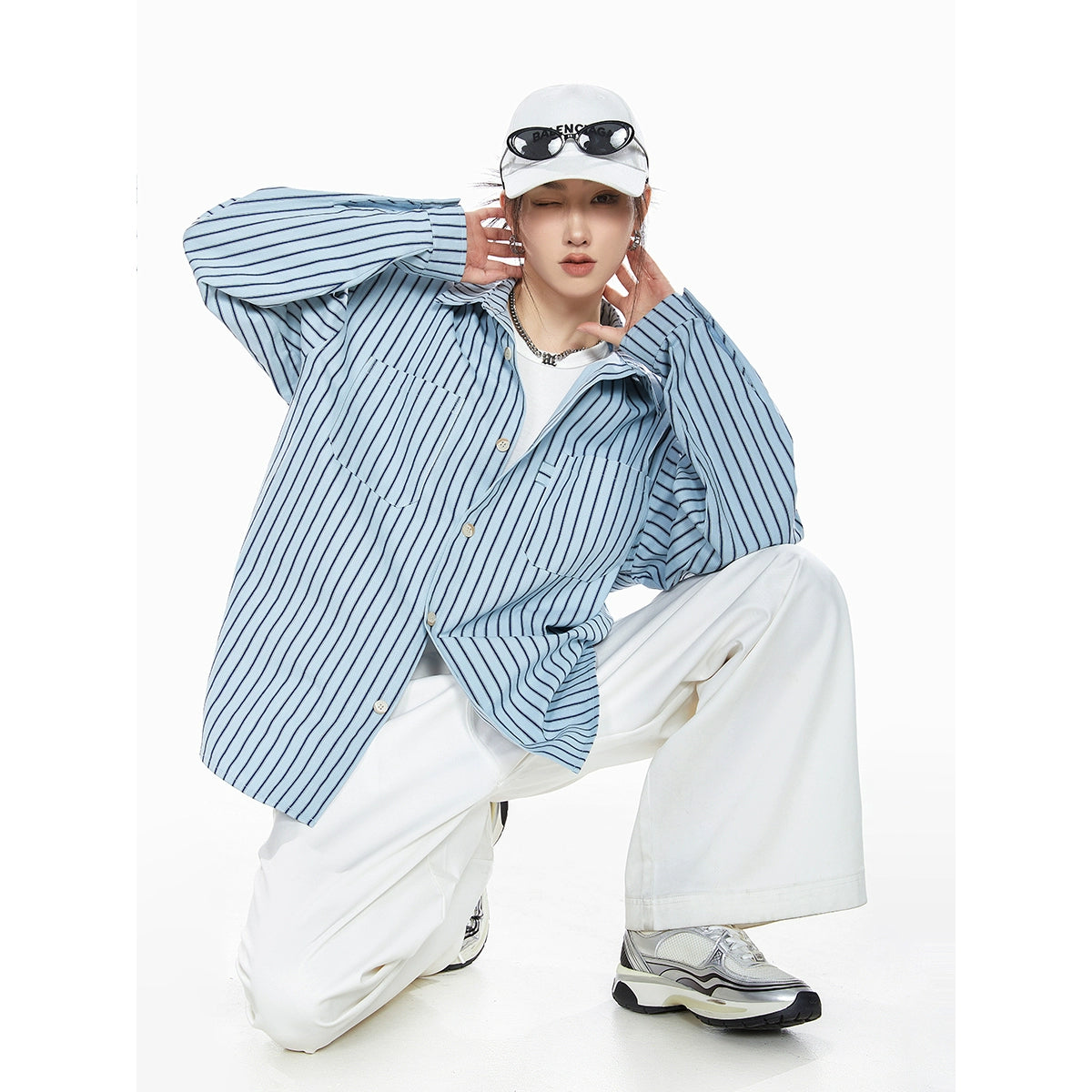 ICH MODE 美式复古条纹衬衫女夏季新款宽松慵懒蓝色衬衣外套上衣