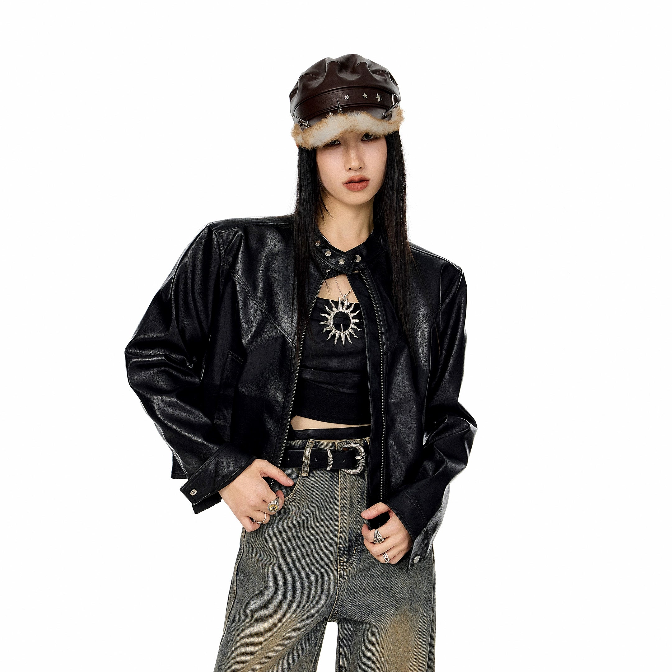 ICH MODE 美式复古棕色立领皮衣外套女秋冬新款机车皮夹克短上衣