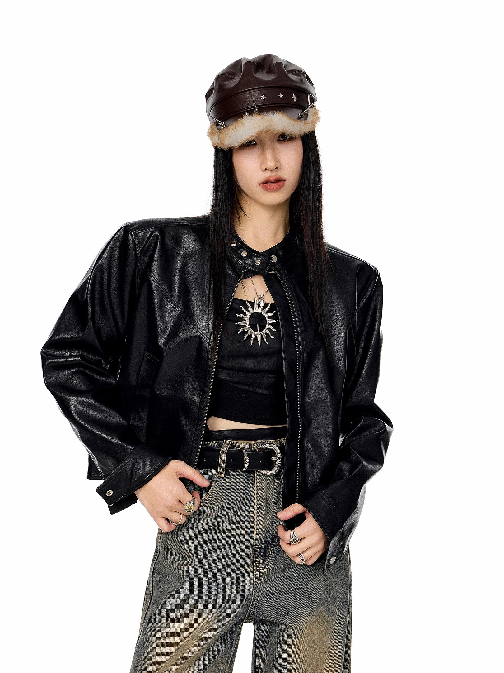 ICH MODE 美式复古棕色立领皮衣外套女秋冬新款机车皮夹克短上衣