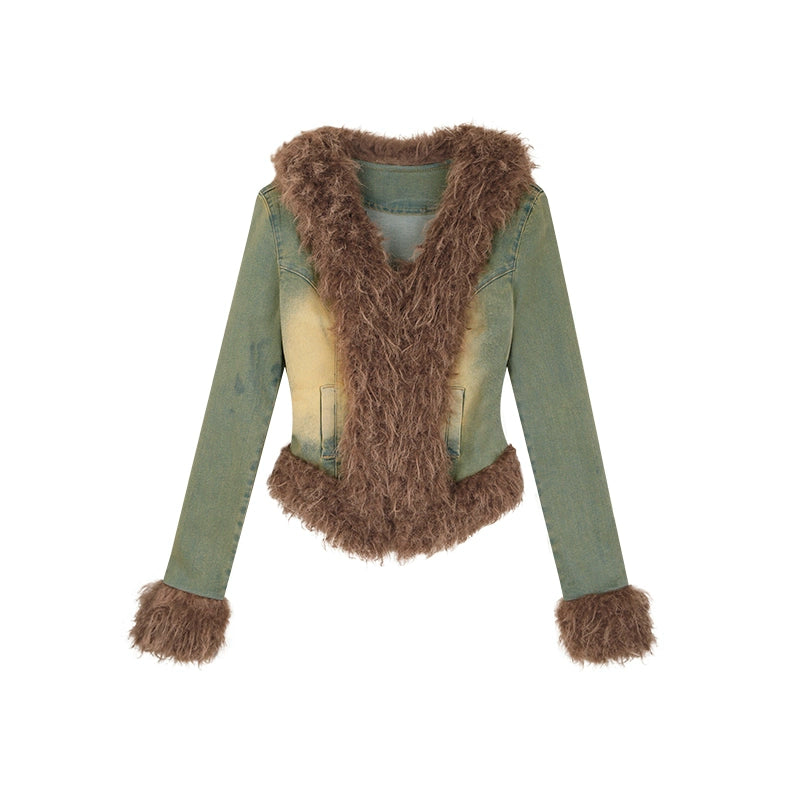 野生zerocircle毛毛拼接牛仔外套女春秋季高级设计感修身显瘦休闲