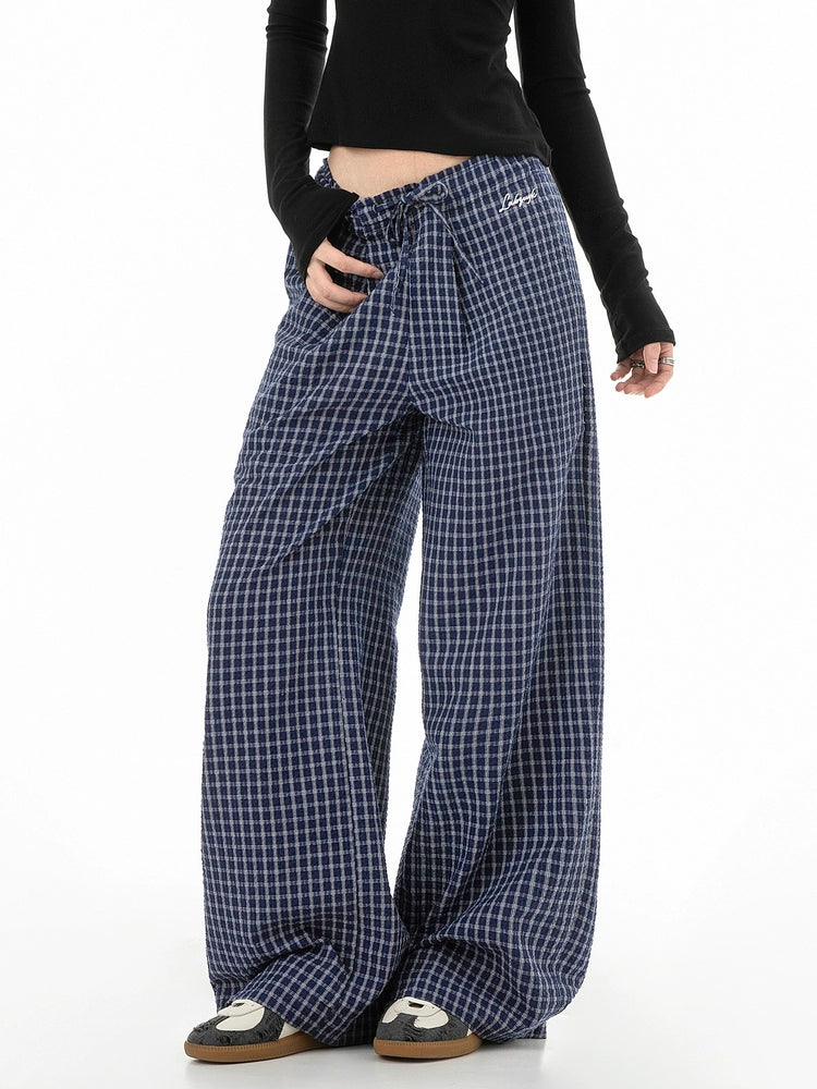 ICH MODE 美式复古宽松休闲裤女运动格子裤百搭直筒阔腿裤长裤子