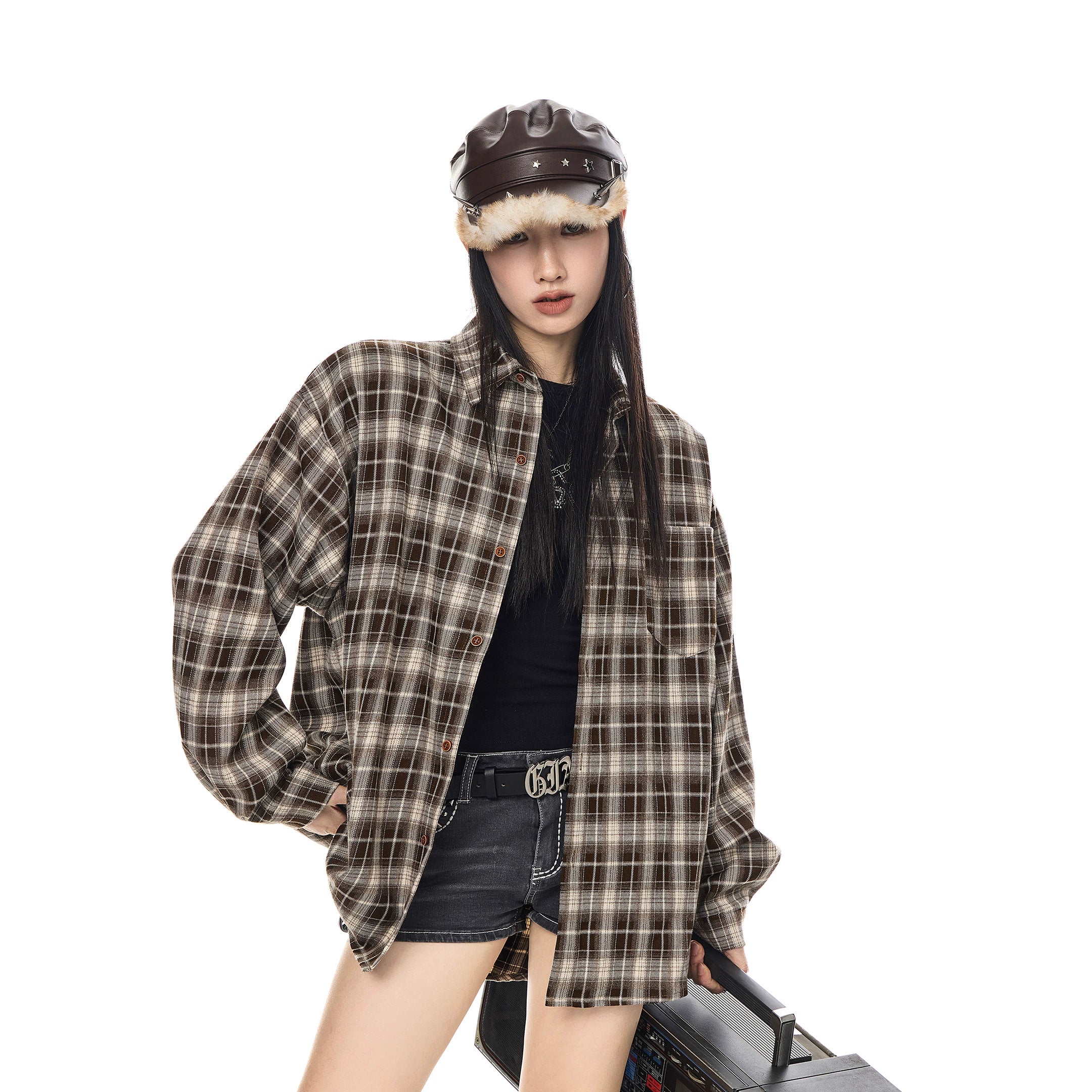 ICH MODE 美式复古休闲格子衬衫女2025新款宽松衬衣外套翻领上衣