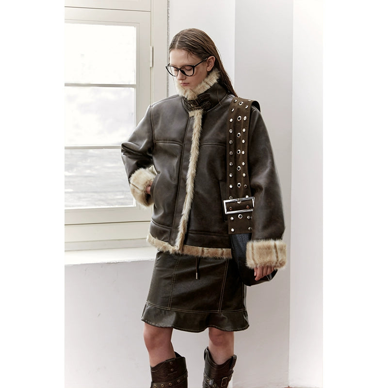 2th Desire美式复古皮毛一体短外套女皮夹克上衣秋冬机车棕色外套