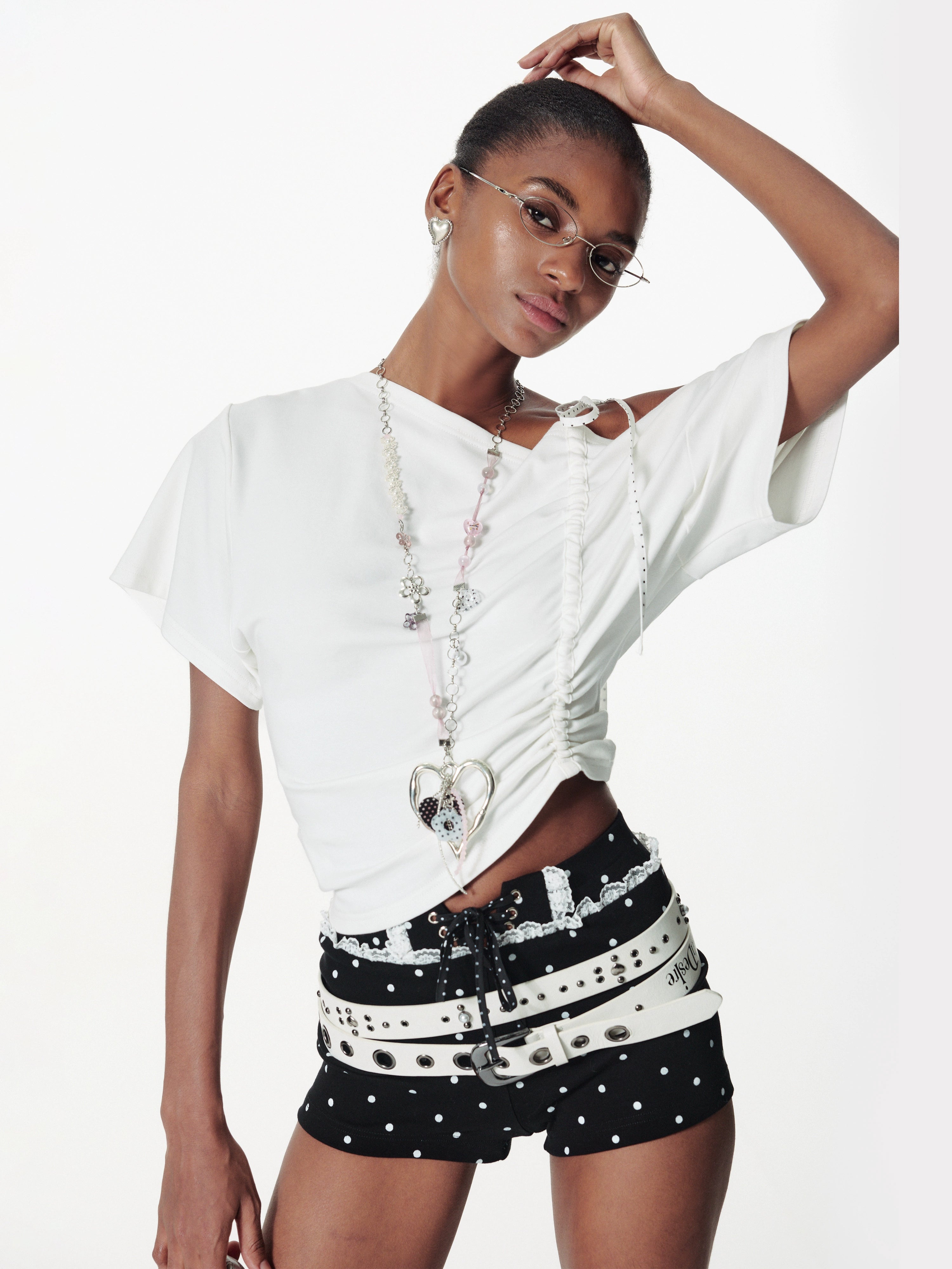 2th Desire朋克波点蕾丝花边铆钉气眼绑带腰头弹力mini短裤内搭裤