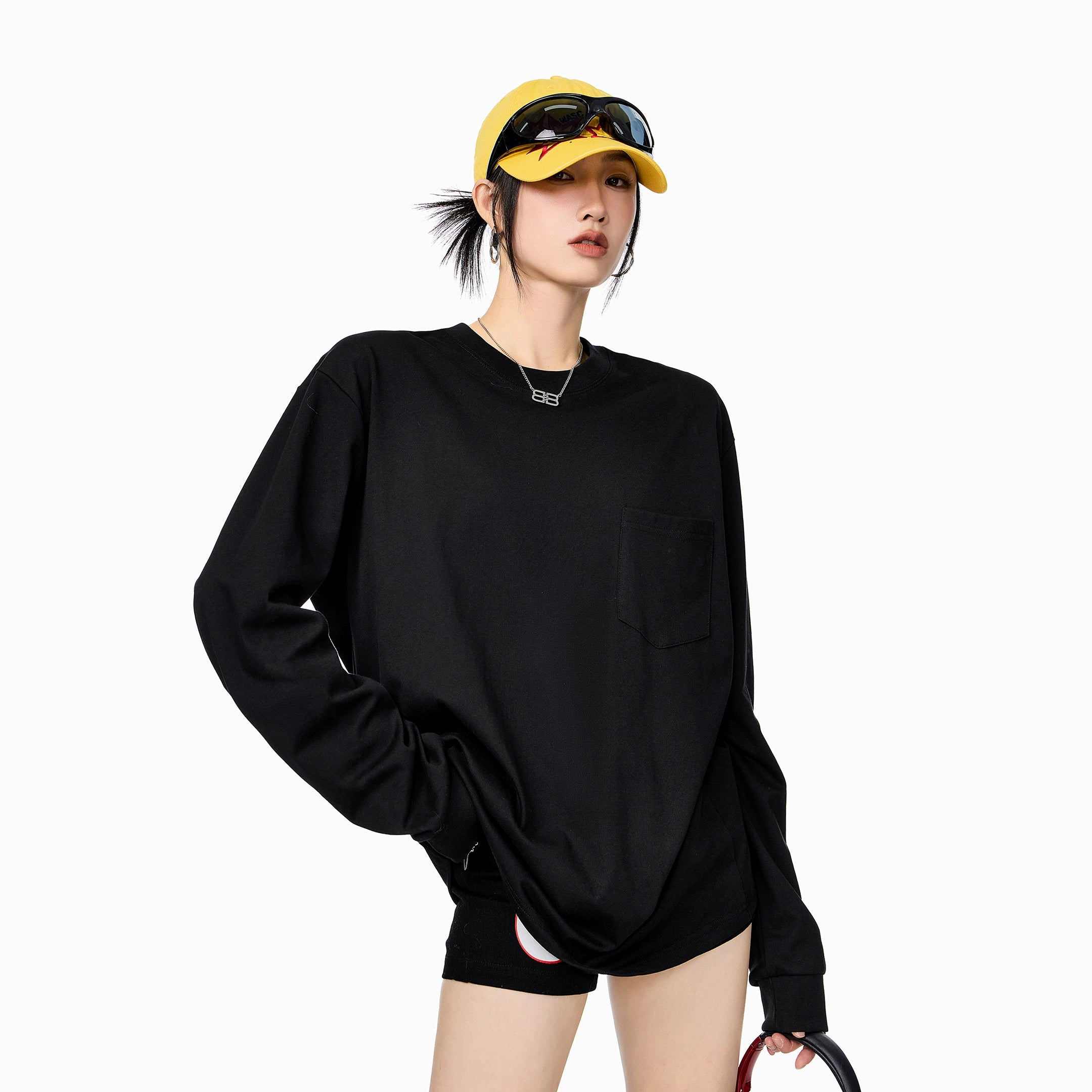 ICH MODE 美式圆领正肩长袖T恤女2025秋冬新款宽松纯色上衣打底衫