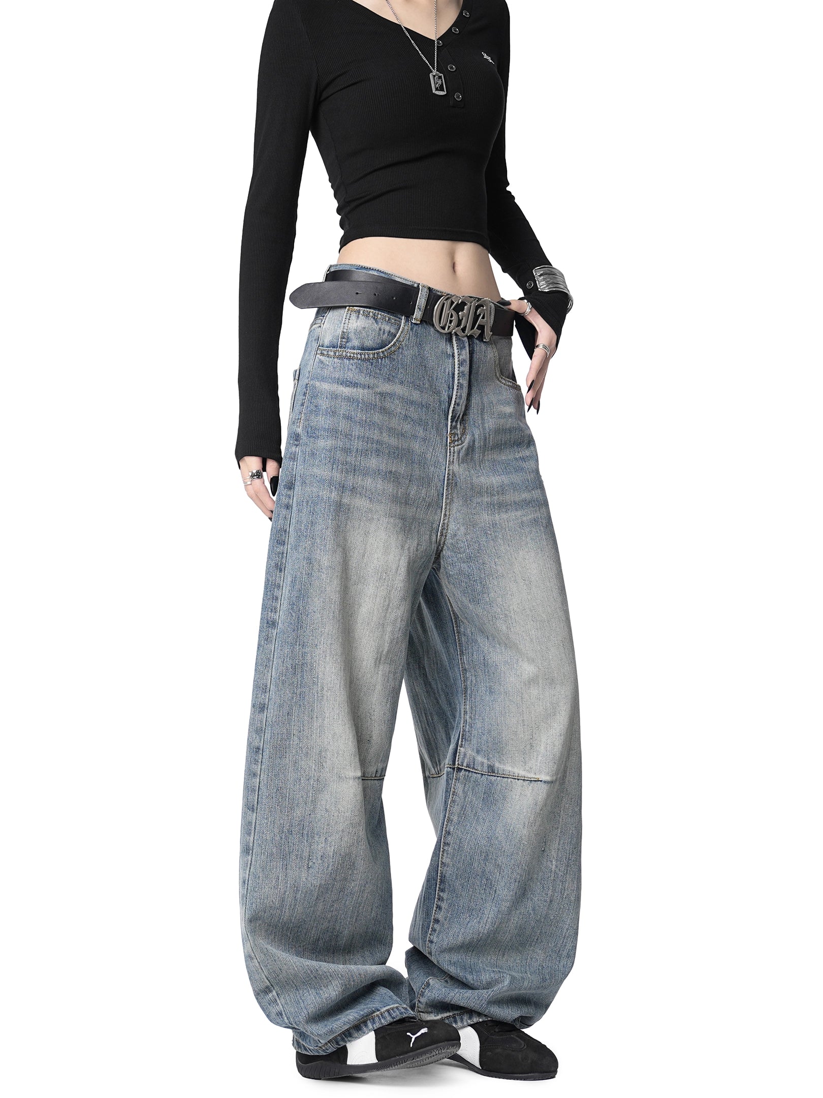 ICH MODE 美式复古水洗牛仔裤女休闲宽松直筒裤弯刀阔腿裤运动裤