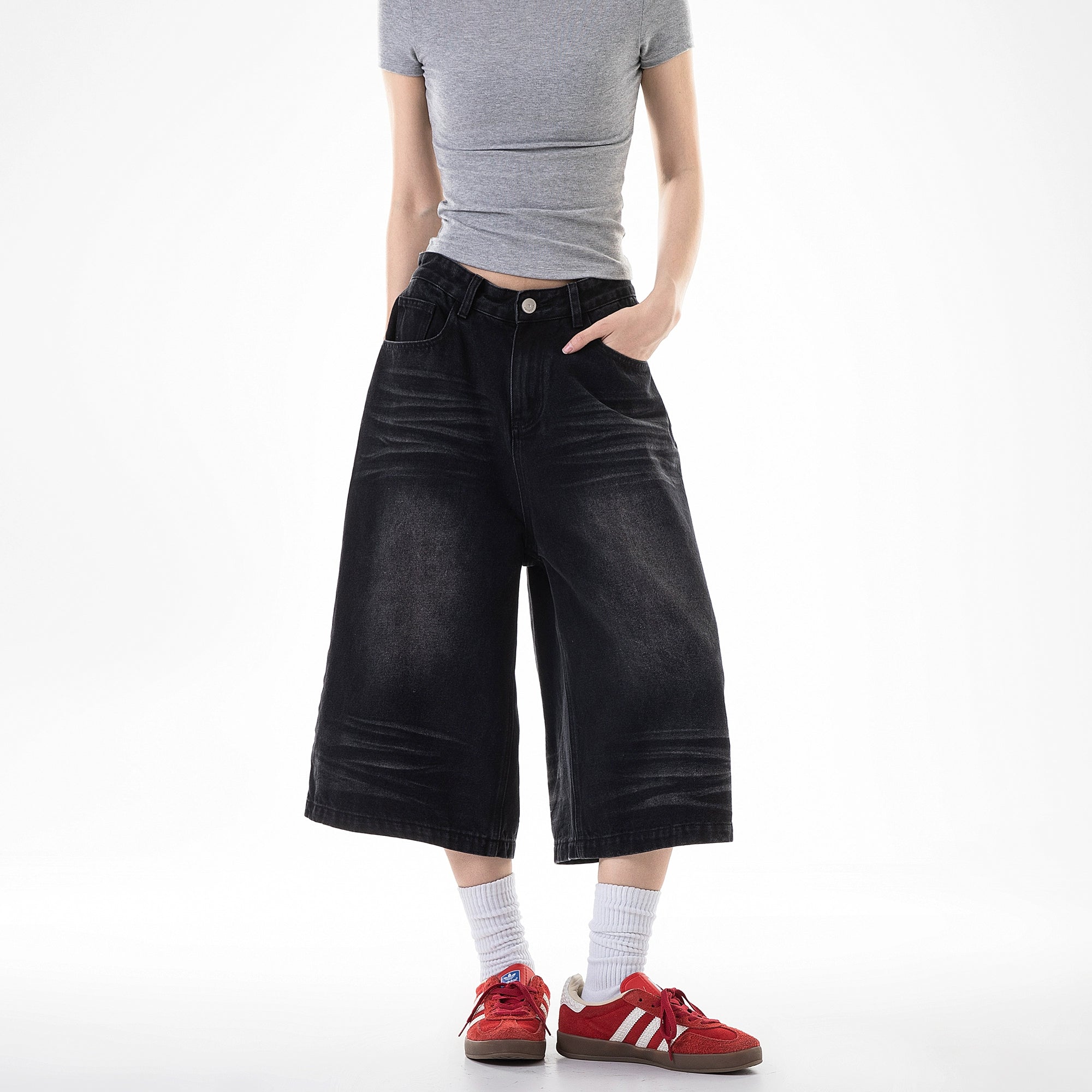 ICH MODE 美式七分裤牛仔裤女夏季宽松直筒工装休闲阔腿裤中短裤