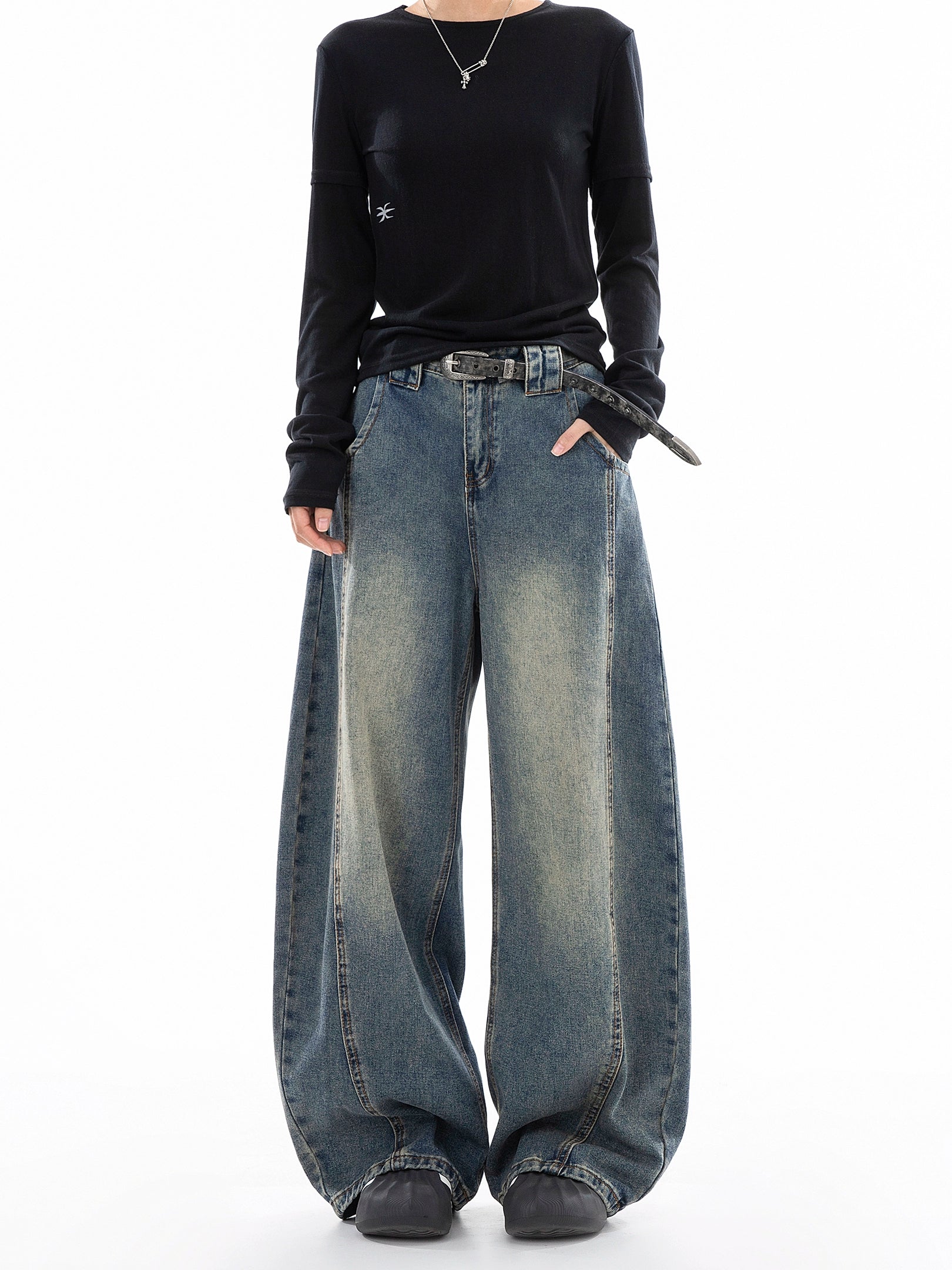 ICH MODE 美式复古直筒宽松牛仔裤女新款流行弯刀裤休闲阔腿裤子