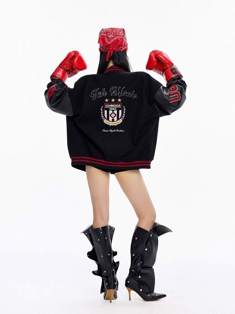 ICH MODE 美式复古撞色外套女2025年新款秋冬开衫上衣宽松棒球服