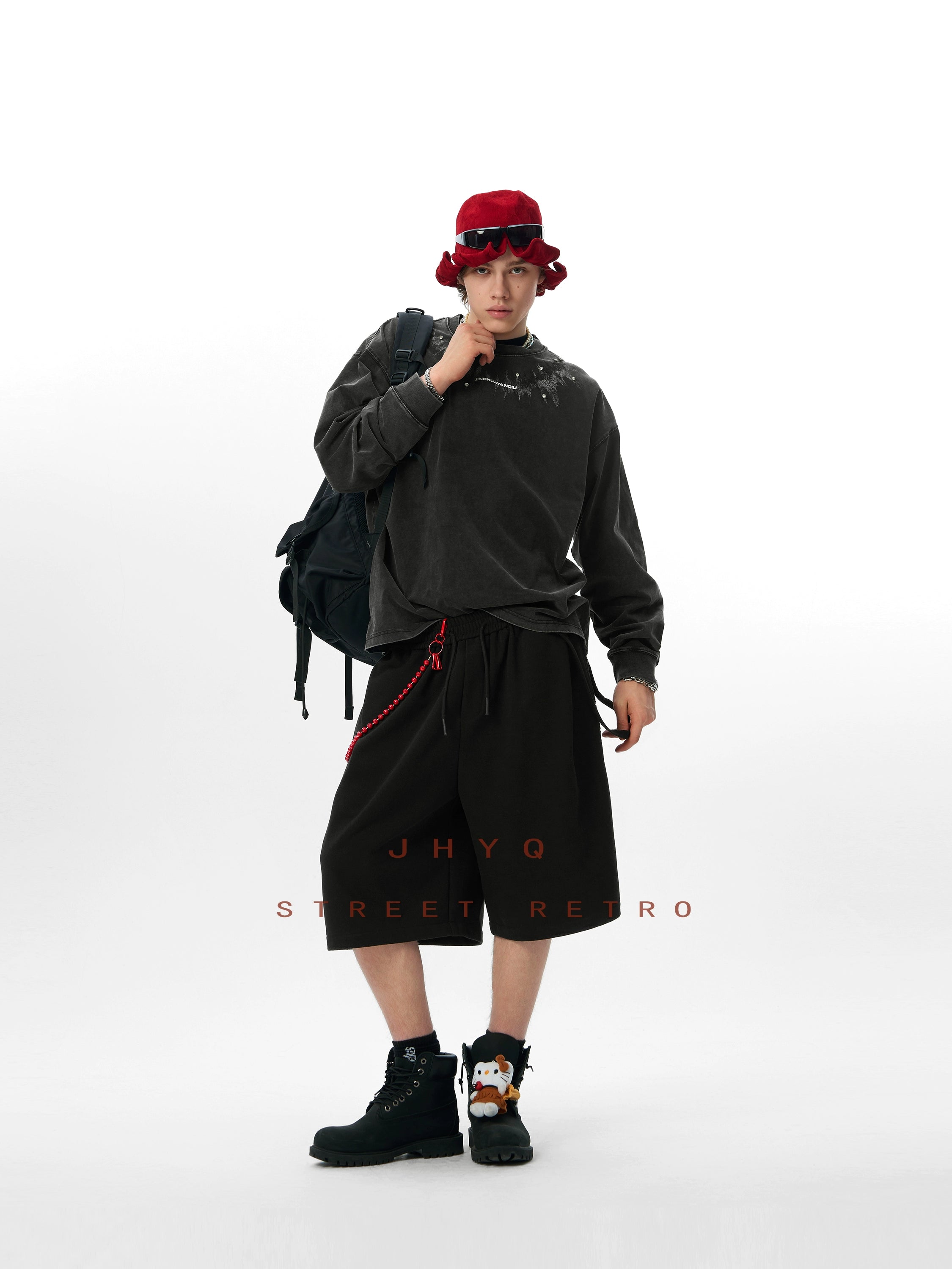 脉冲波丨JHYQ美式复古印花水洗重磅320g长袖T恤男宽松镶钻卫衣衫