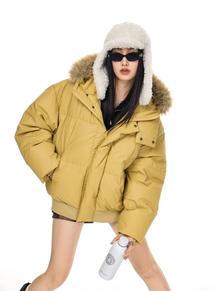 ICH MODE 90白鸭绒美式复古毛领连帽羽绒服女秋冬季保暖防寒外套