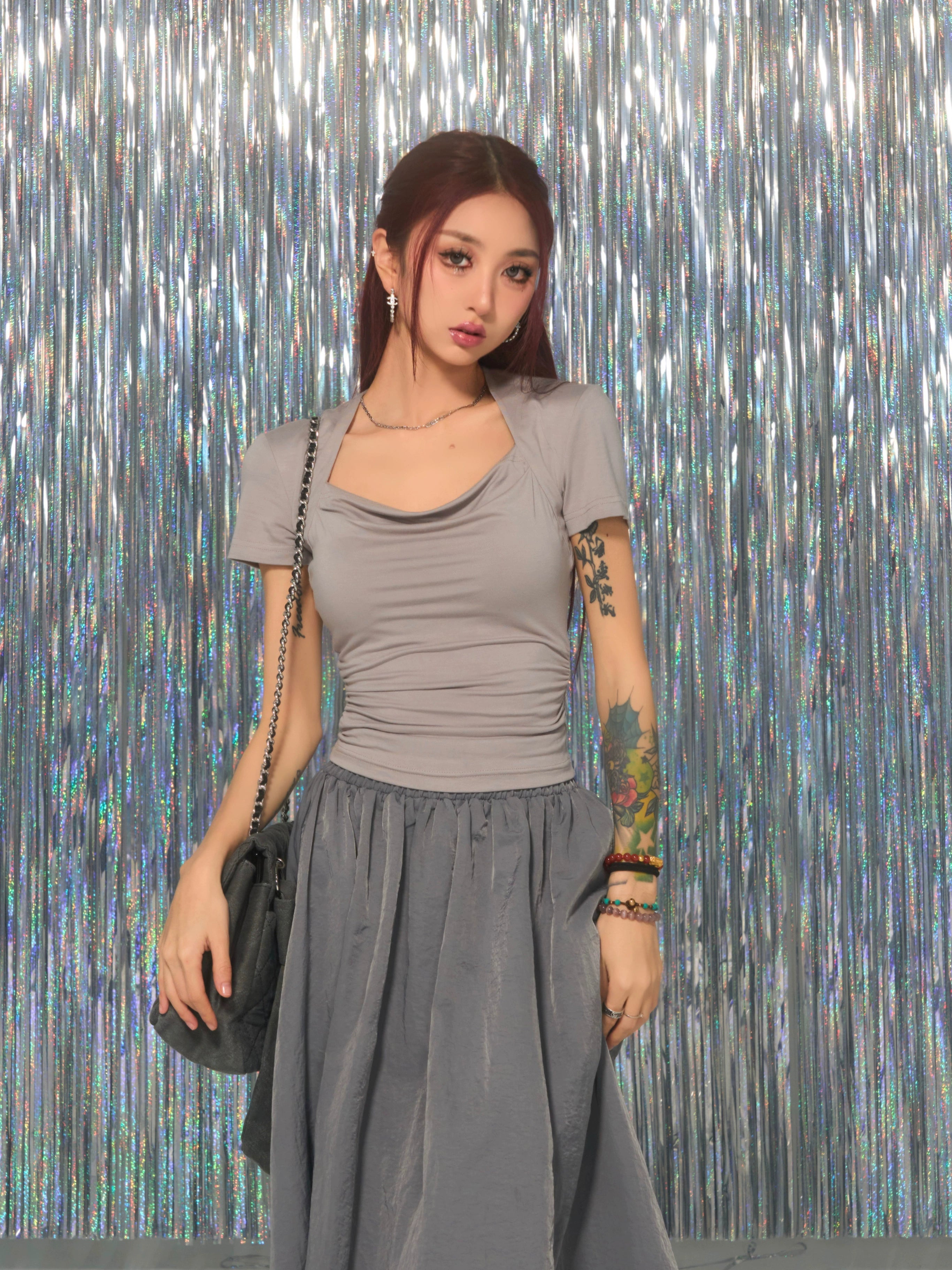 野生zerocircle 黑灰色方领正肩短袖t恤女夏辣妹修身显瘦短款上衣