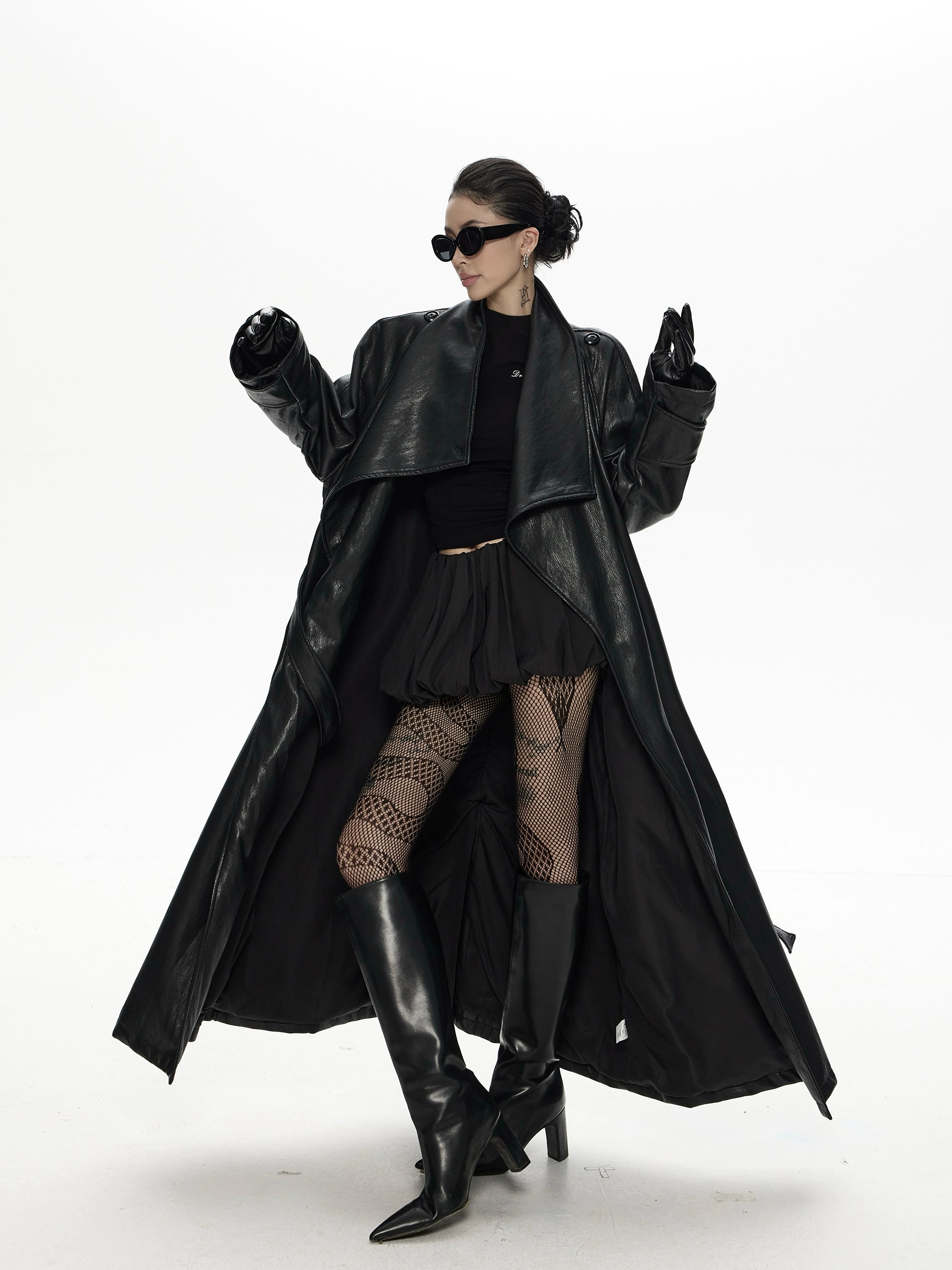 野生zero 翻领长款pu皮衣女秋冬2025新款酷飒风宽松大衣风衣外套