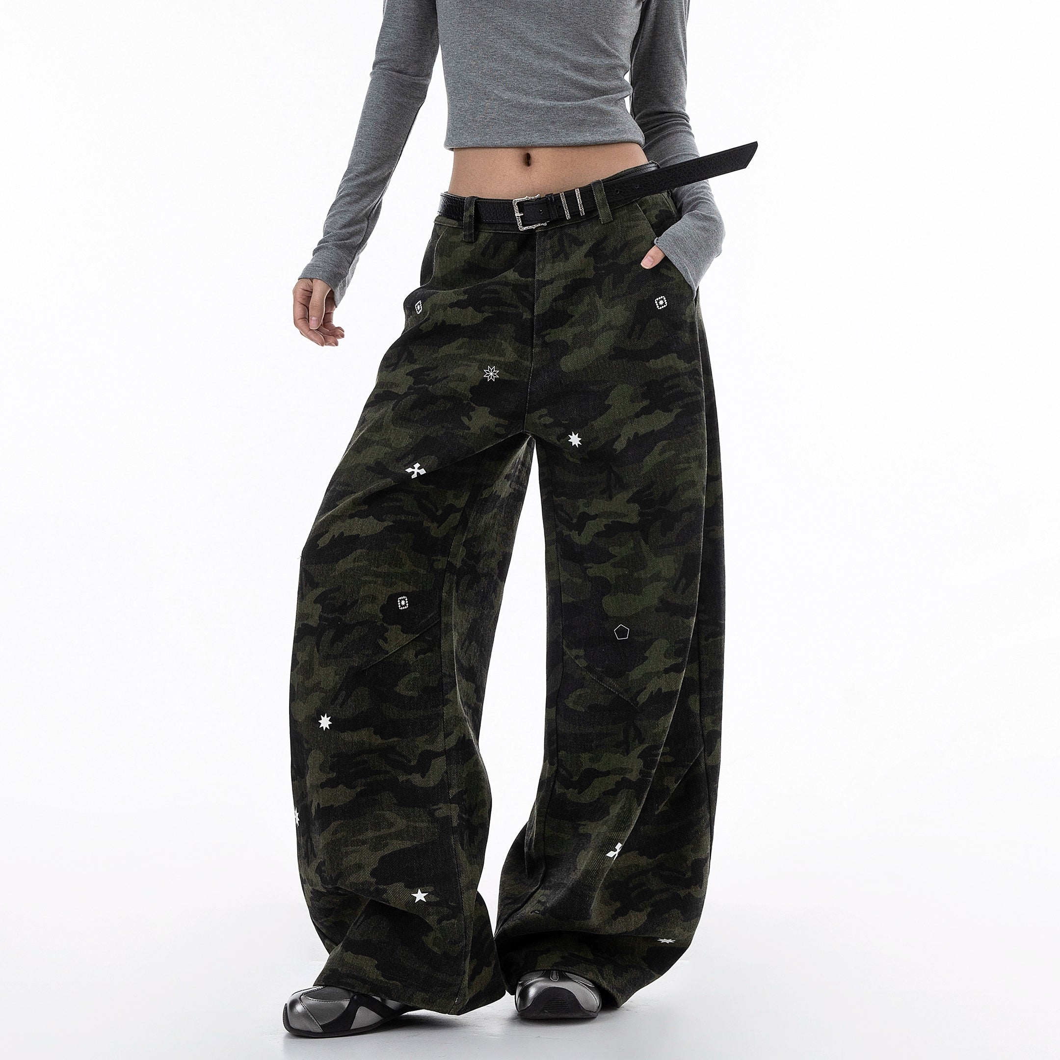 ICH MODE 美式复古星星休闲裤女宽松工装裤迷彩裤直筒阔腿运动裤