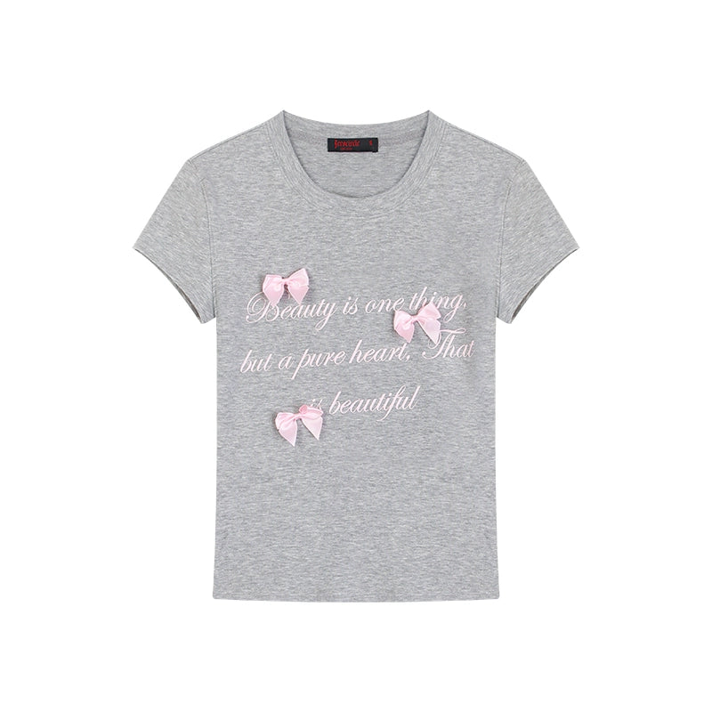 野生zero 白灰色正肩短袖t恤女夏季修身显瘦印花蝴蝶结甜辣小上衣