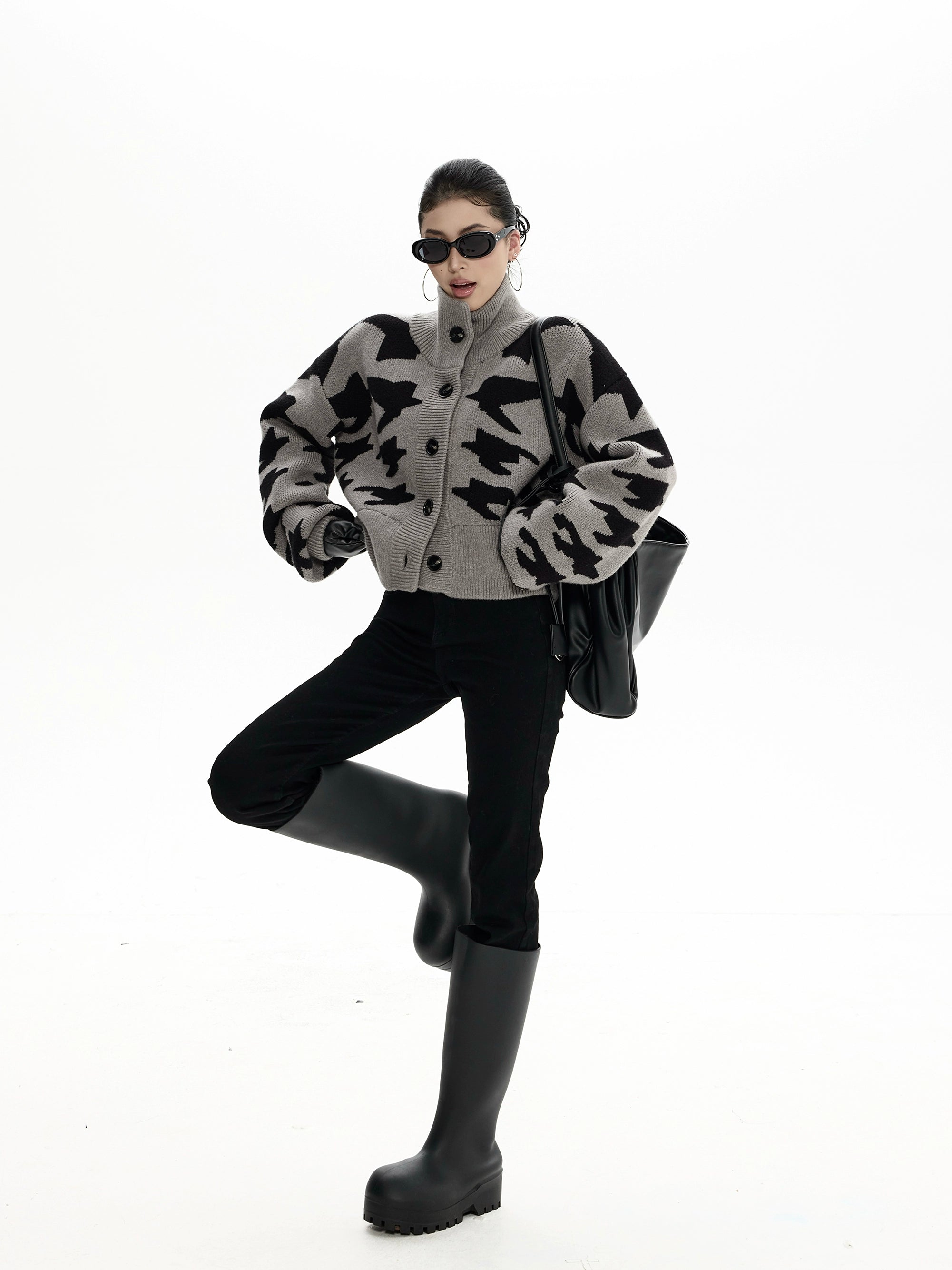 野生zero千鸟格短款开衫毛衣女秋冬2025新款美式复古立领上衣外套